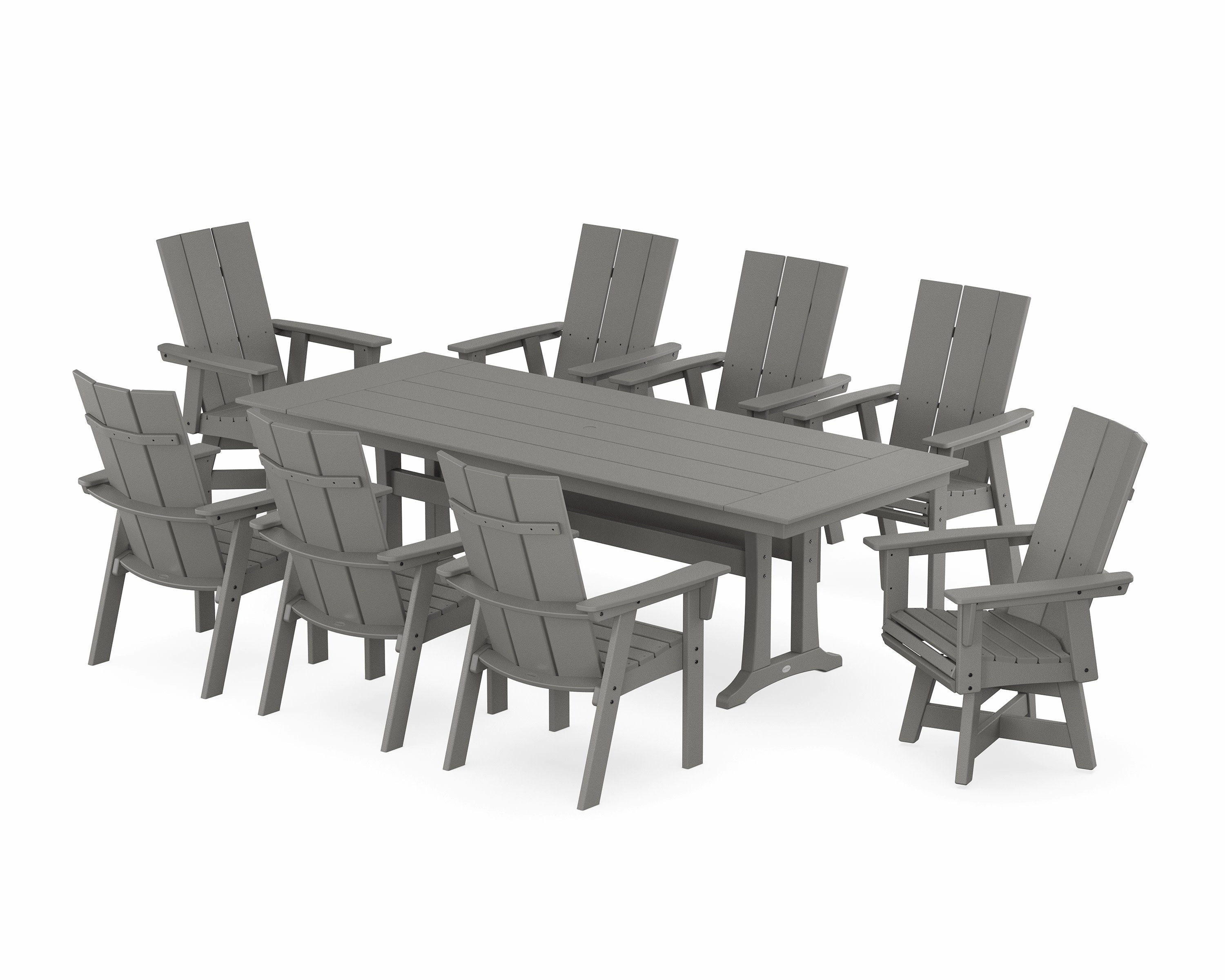 Modern Curveback Adirondack Swivel 9-Piece Farmhouse Dining Set with Trestle Legsoutdoor patio furniture set