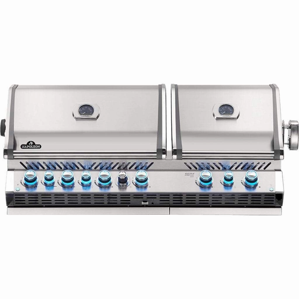 Napoleon Prestige PRO 825 Built-in Gas Grill with Infrared Rear Burner and Sear Burner and Rotisserie kit stainless steel BBQ grill with side table