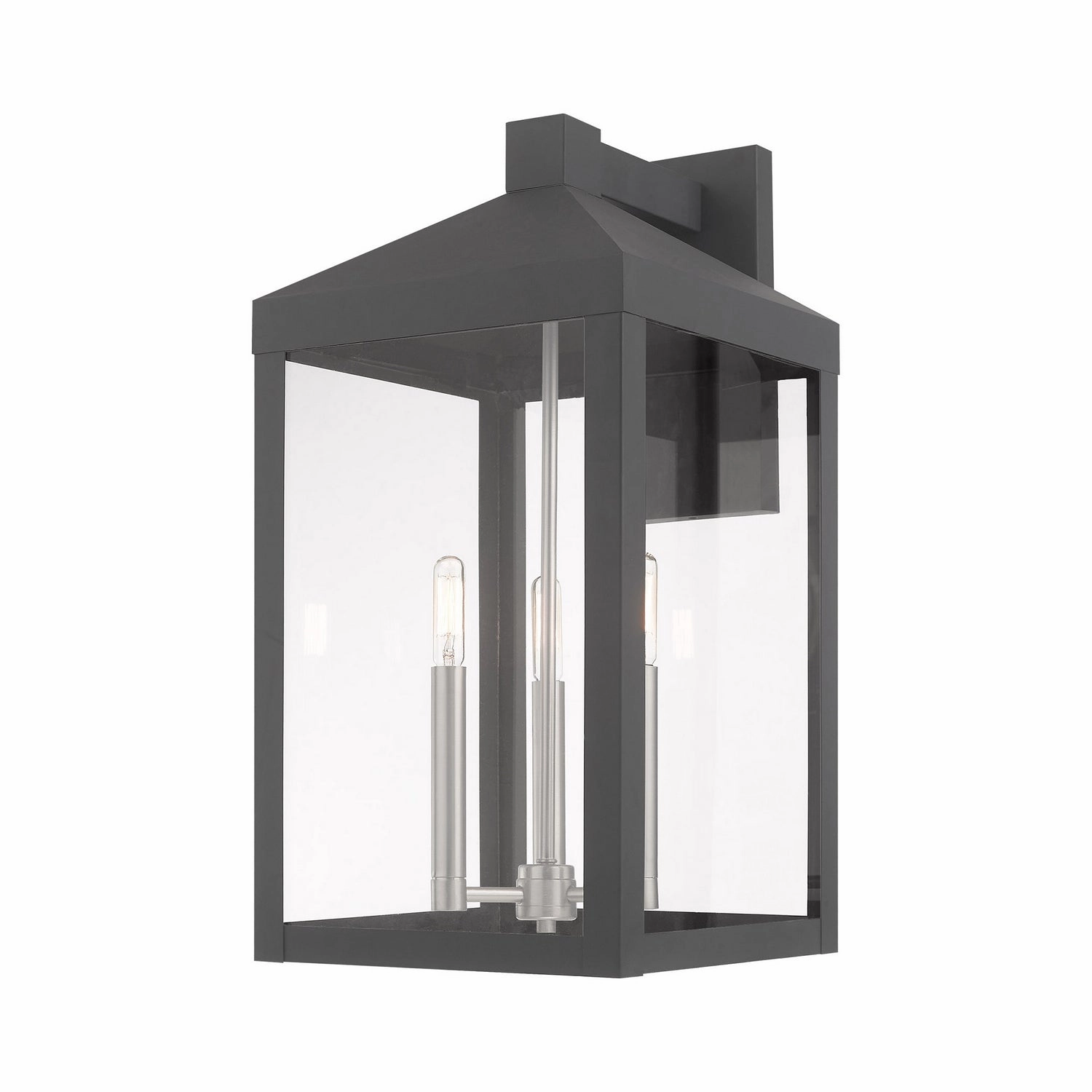 Nyack Three Light Outdoor Wall Lantern Scandinavian Gray w/ Brushed NickelsOutdoor wall sconces with motion sensor