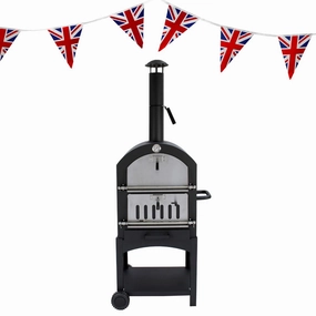 Outdoor Pizza Oven, Rain Cover & Union Jack Bunting luxury outdoor cooking system setup