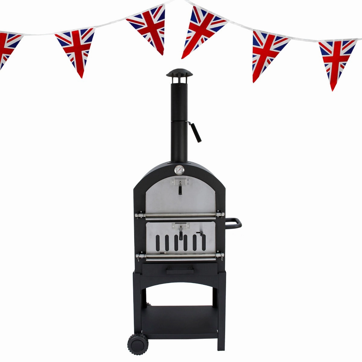 Outdoor Pizza Oven, Rain Cover & Union Jack Bunting luxury outdoor cooking system setup