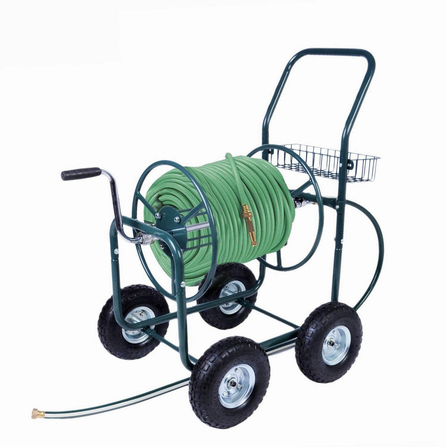 Portable Garden Hose Reel Cart with Wheels with Storage Basket Rust Resistant Water Hose Holder weatherproof outdoor garden decor items