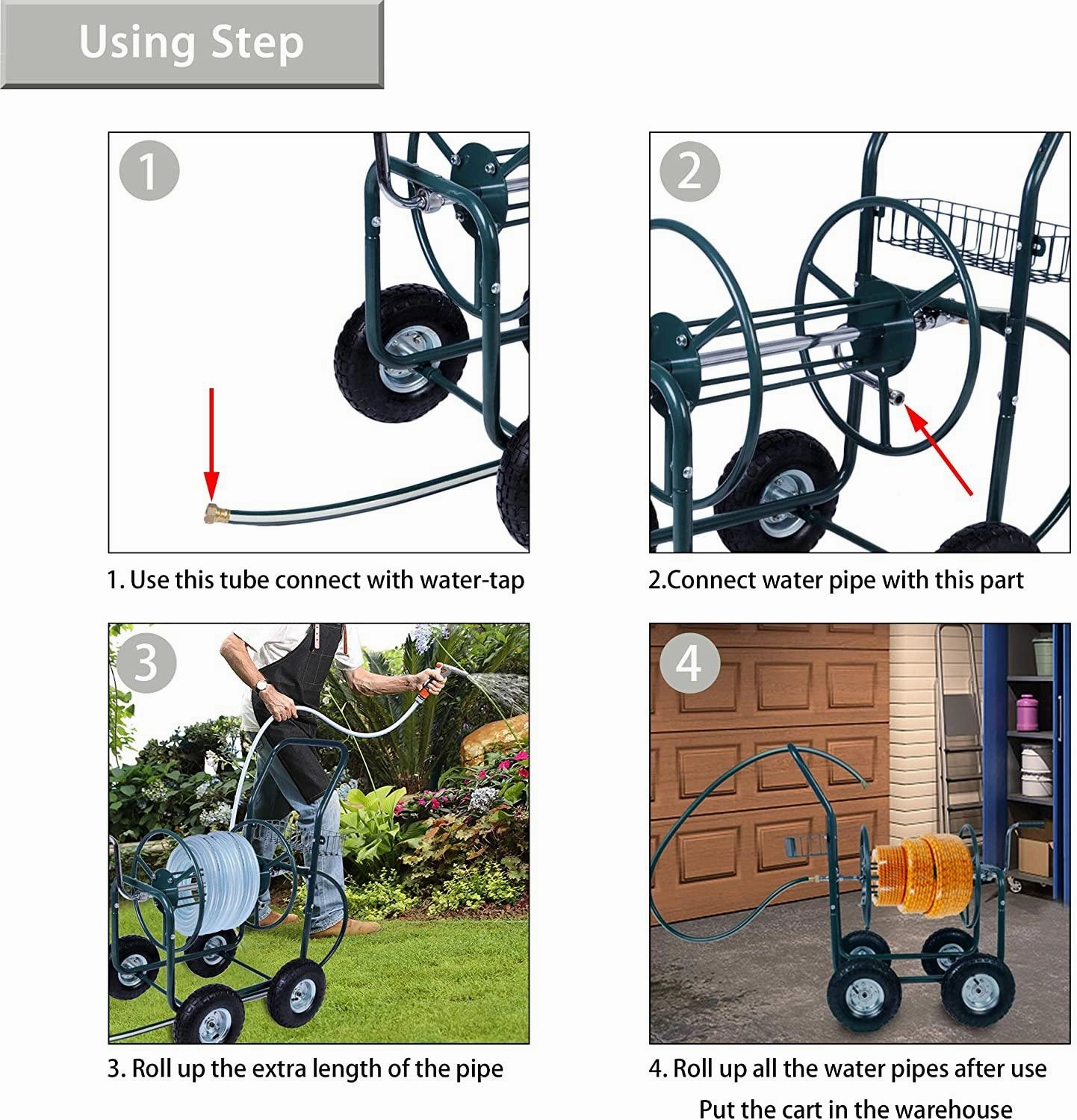 Portable Garden Hose Reel Cart with Wheels with Storage Basket Rust Resistant Water Hose Holder