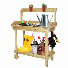 Potting Bench Table Wooden Gardening Plant Workstation Natural Solid Wood with Drawer Sink Hook Open Shelf ergonomic garden hand tools for seniors