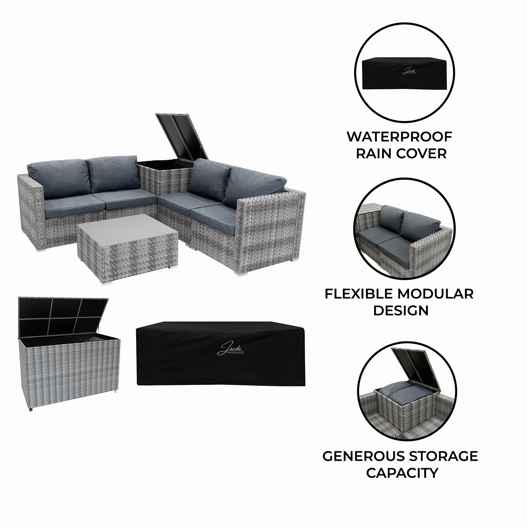 Rattan Modular 6 Piece Furniture Set & 996L Storage Box  Grey