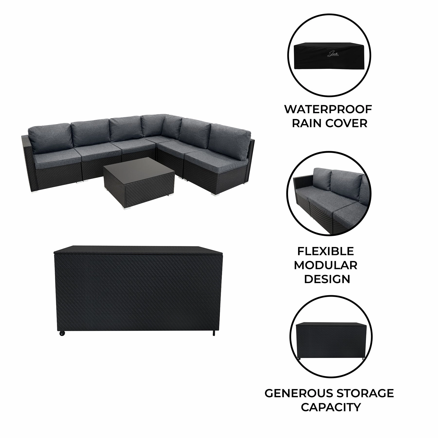 Rattan Modular 7 Piece Furniture Set & 996L Storage Box - Black