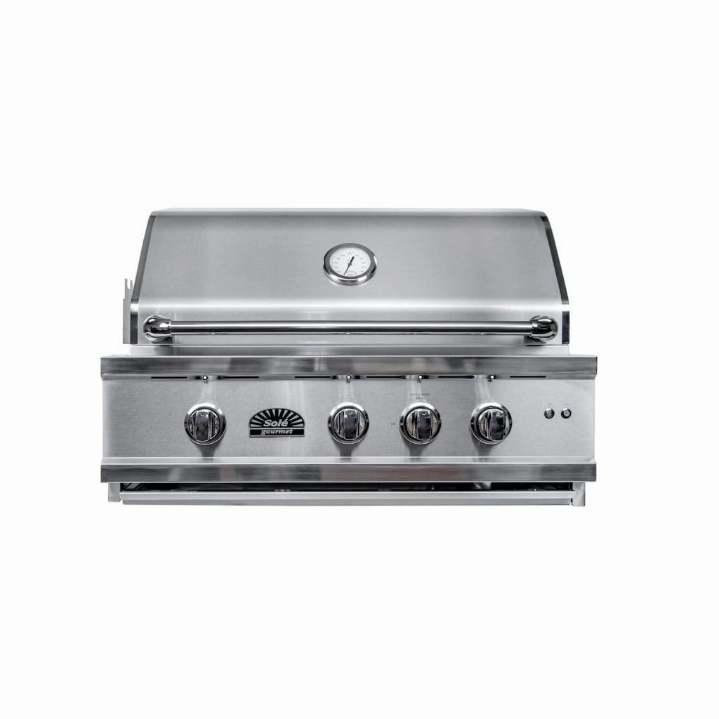 Sole Gourmet 30-inch Luxury Series 4-Burner Built-In Grill with LED Control Lighting & Rotisserie stainless steel BBQ grill with side table