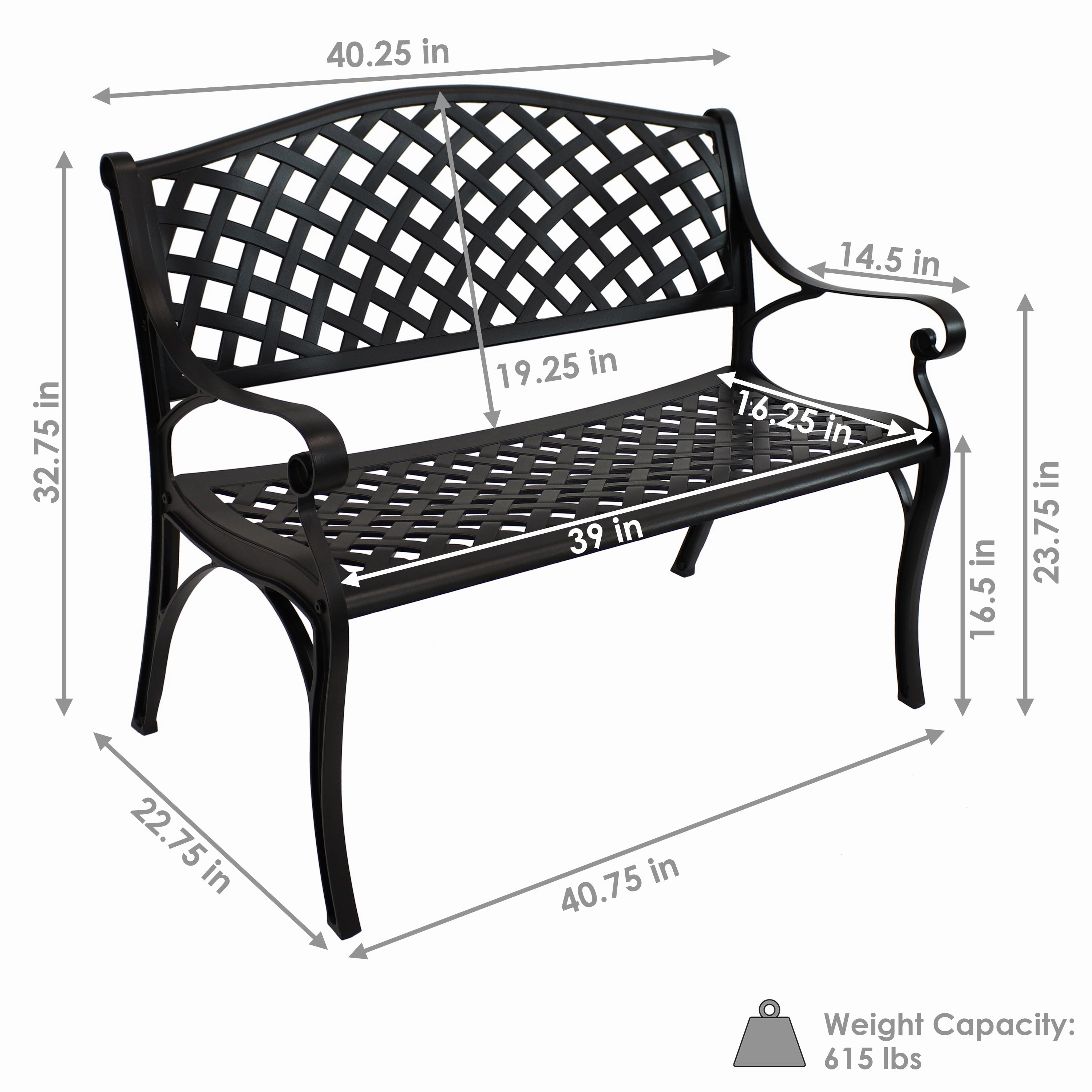 Sunnydaze 2-Person Checkered Cast Aluminum Metal Garden Bench - Black