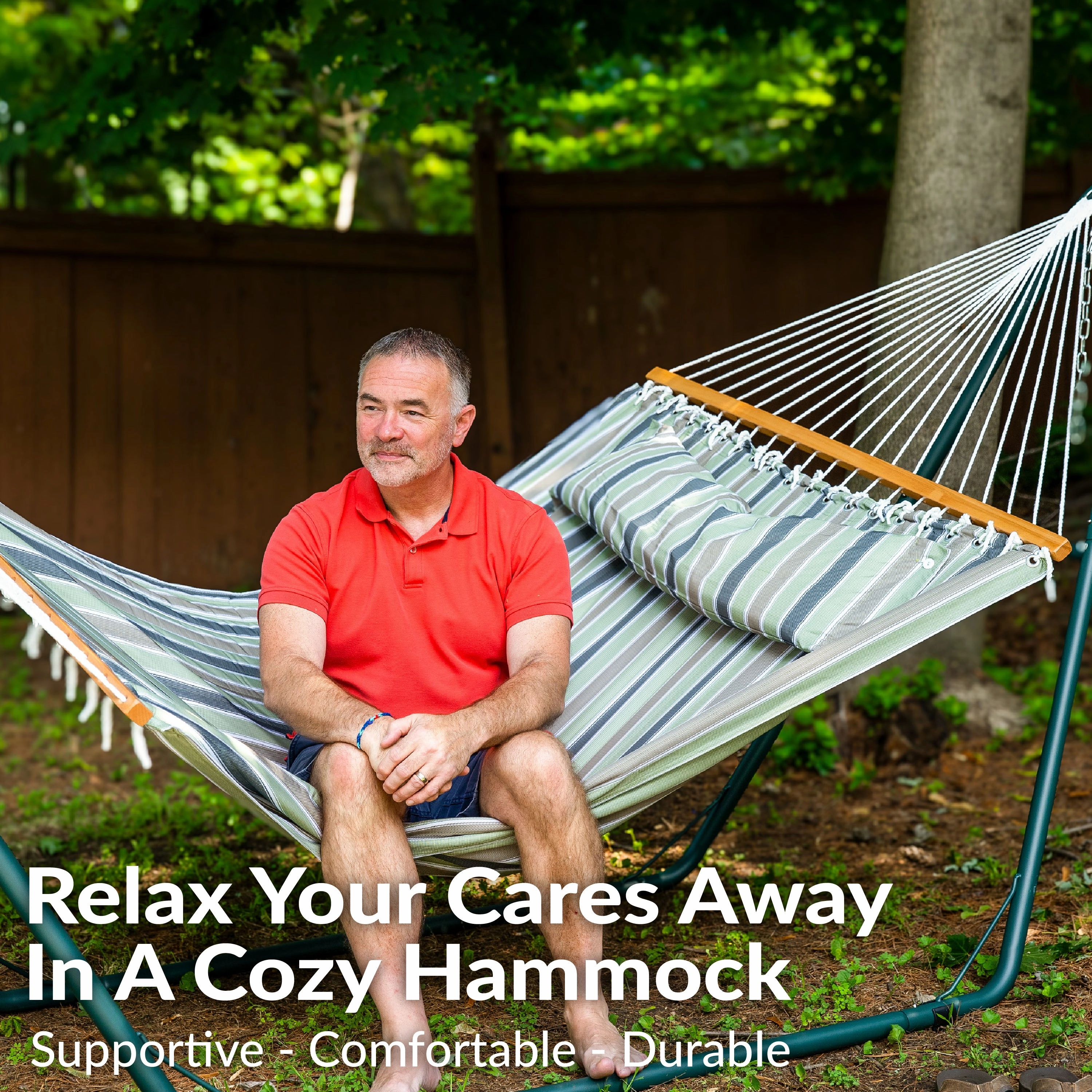Sunnydaze 2-Person Fabric Spreader Bar Hammock and Pillow