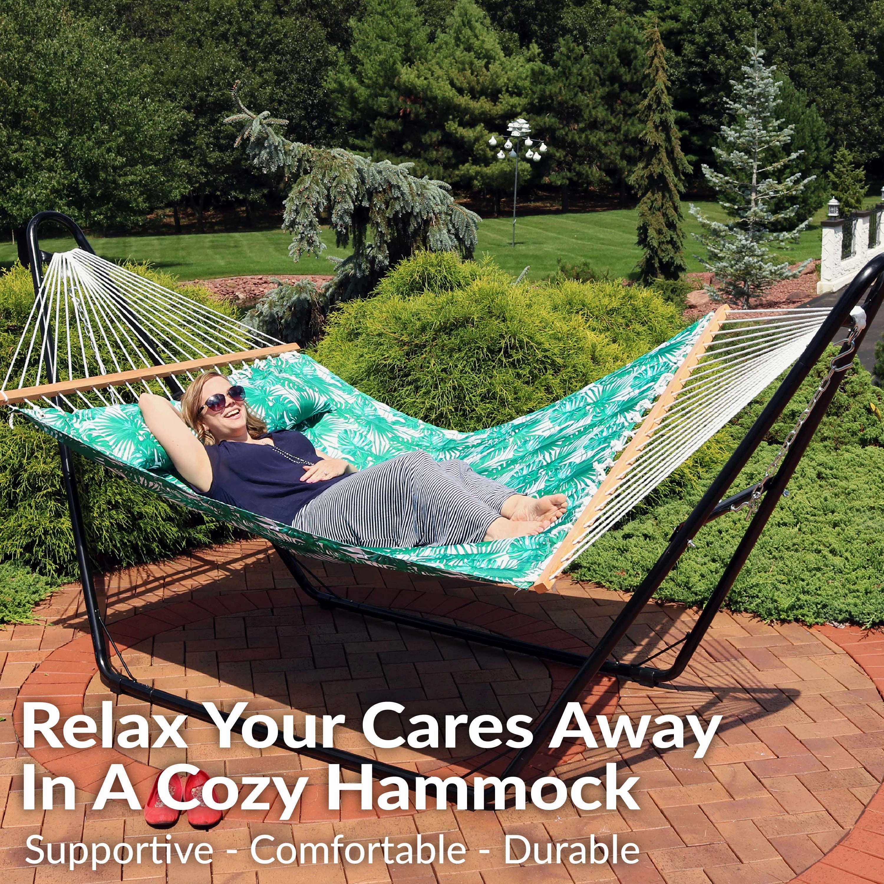 Sunnydaze 2-Person Fabric Spreader Bar Hammock and Pillow