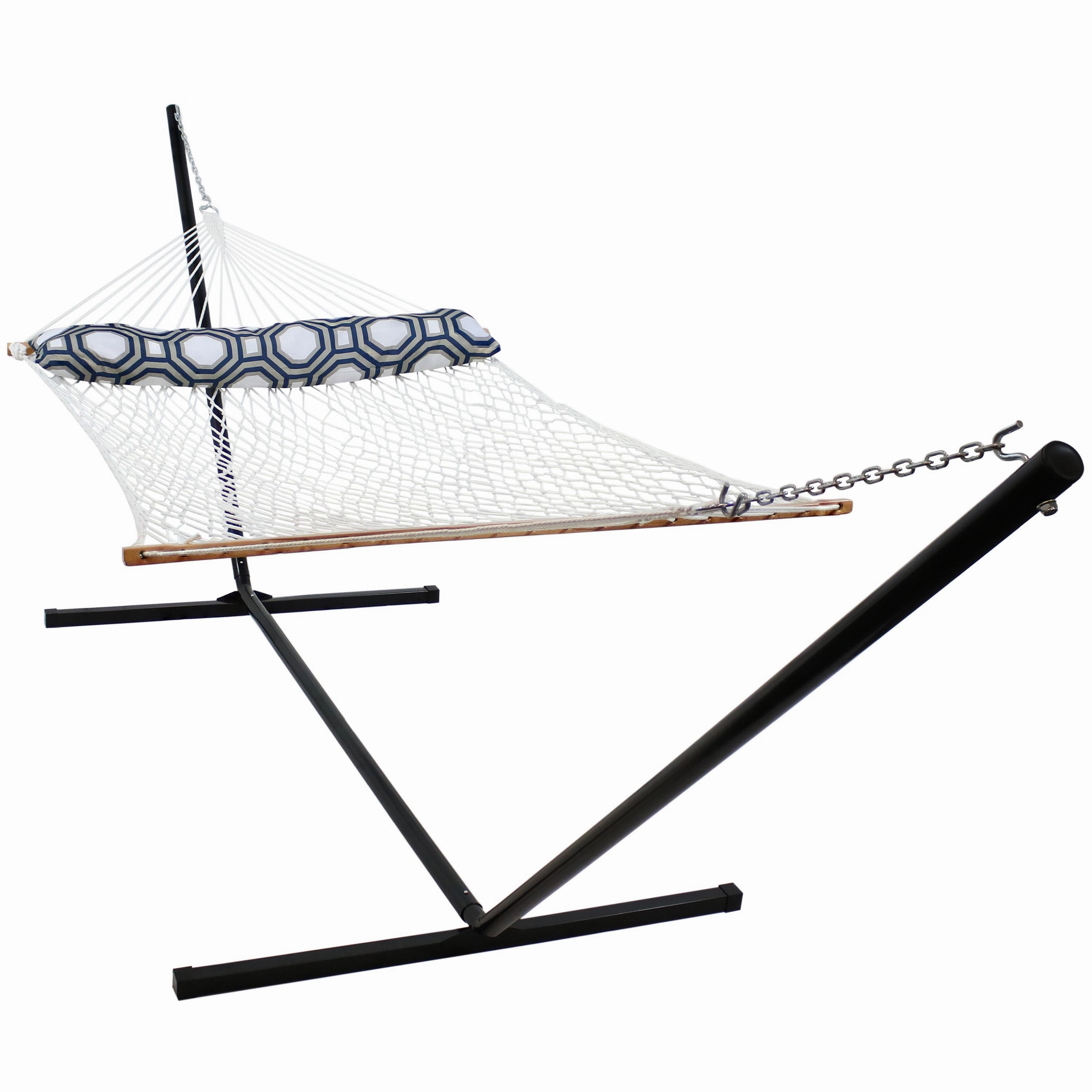 Sunnydaze 2-Person Polyester Rope Hammock with 15' Stand - White double size outdoor hammock for couples