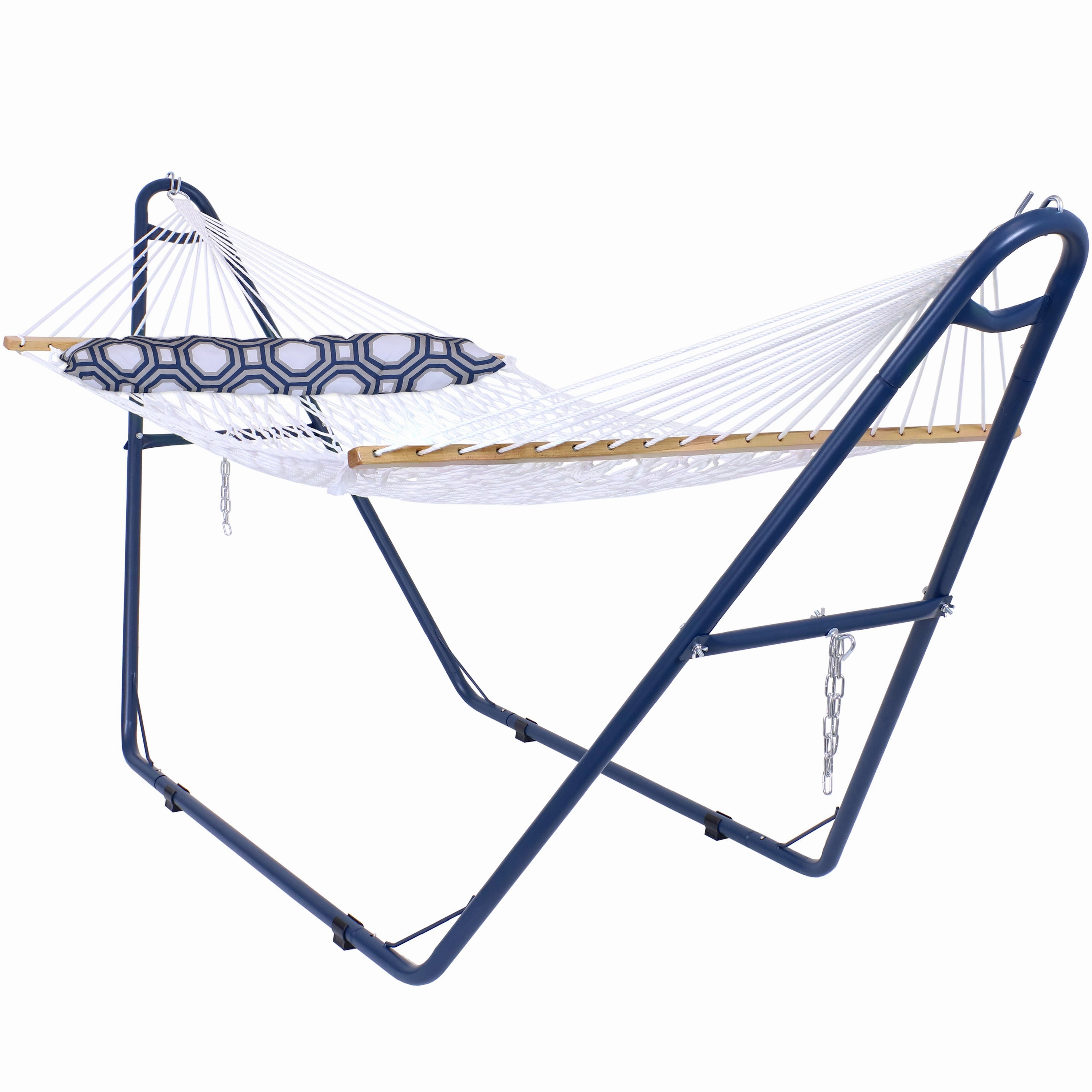Sunnydaze 2-Person Rope Hammock with Matte Blue Steel Stand double size outdoor hammock for couples