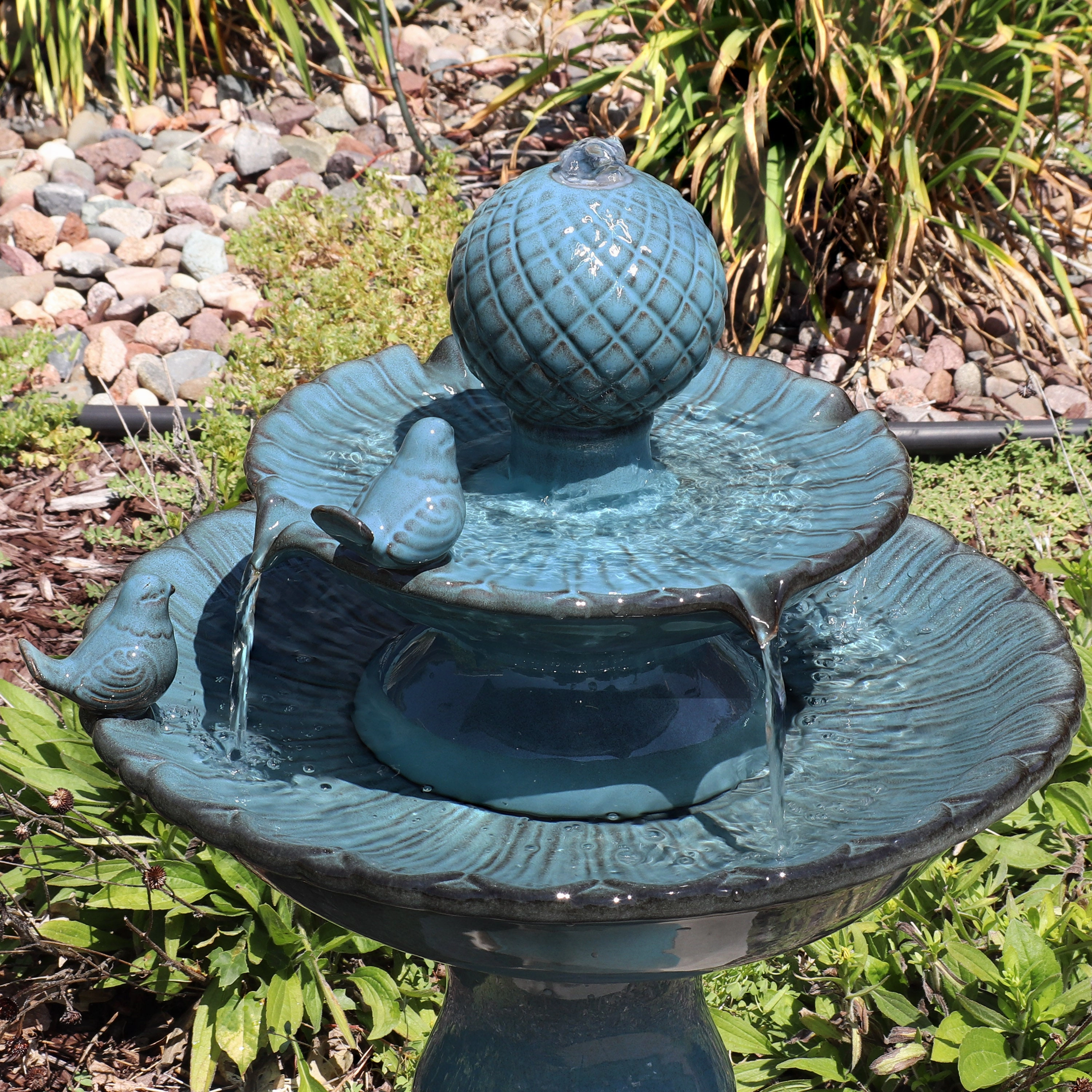Sunnydaze 2-Tier Ceramic Outdoor Water Fountain 27" - Resting Birds