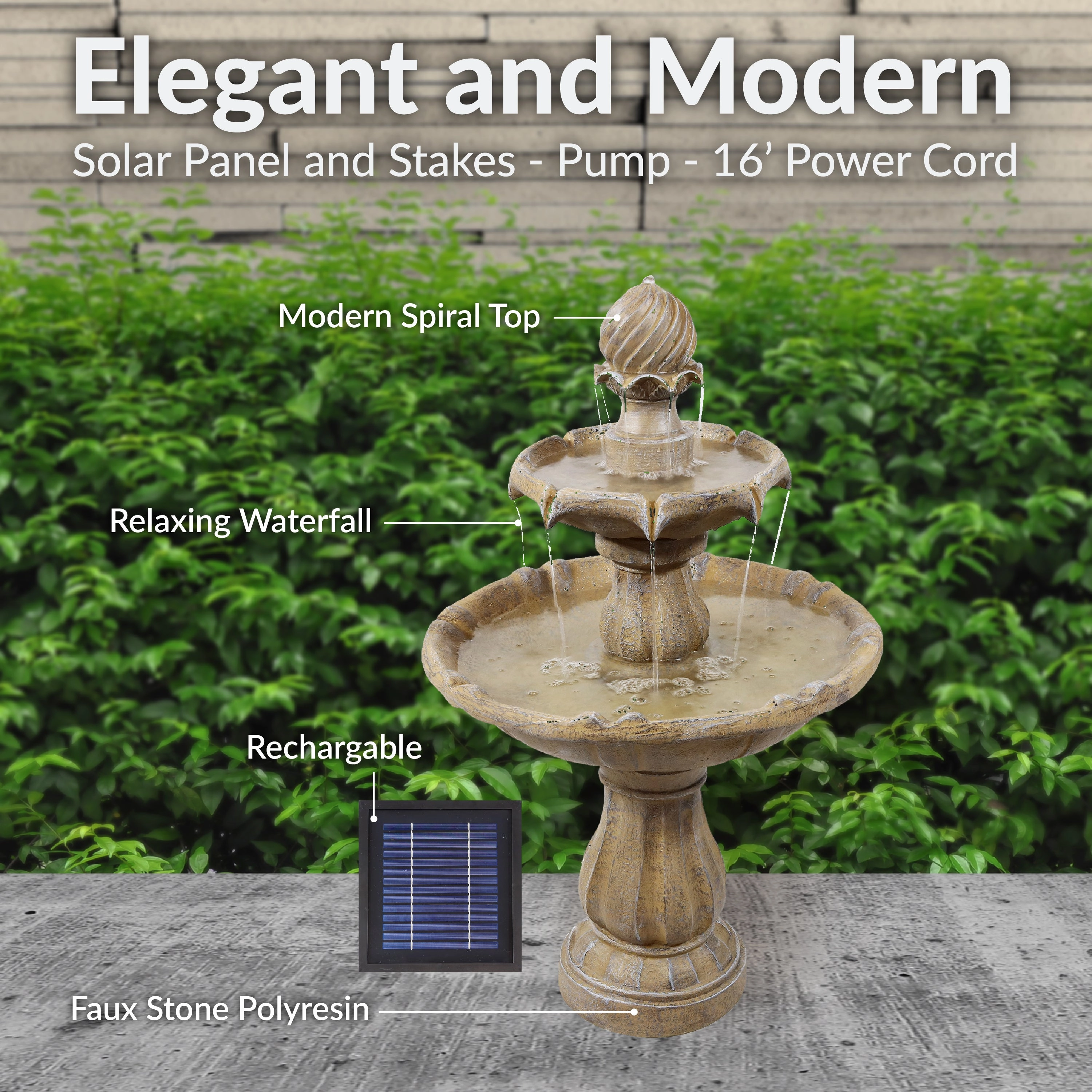 Sunnydaze 2-Tier Solar Outdoor Water Fountain with Battery Backup
