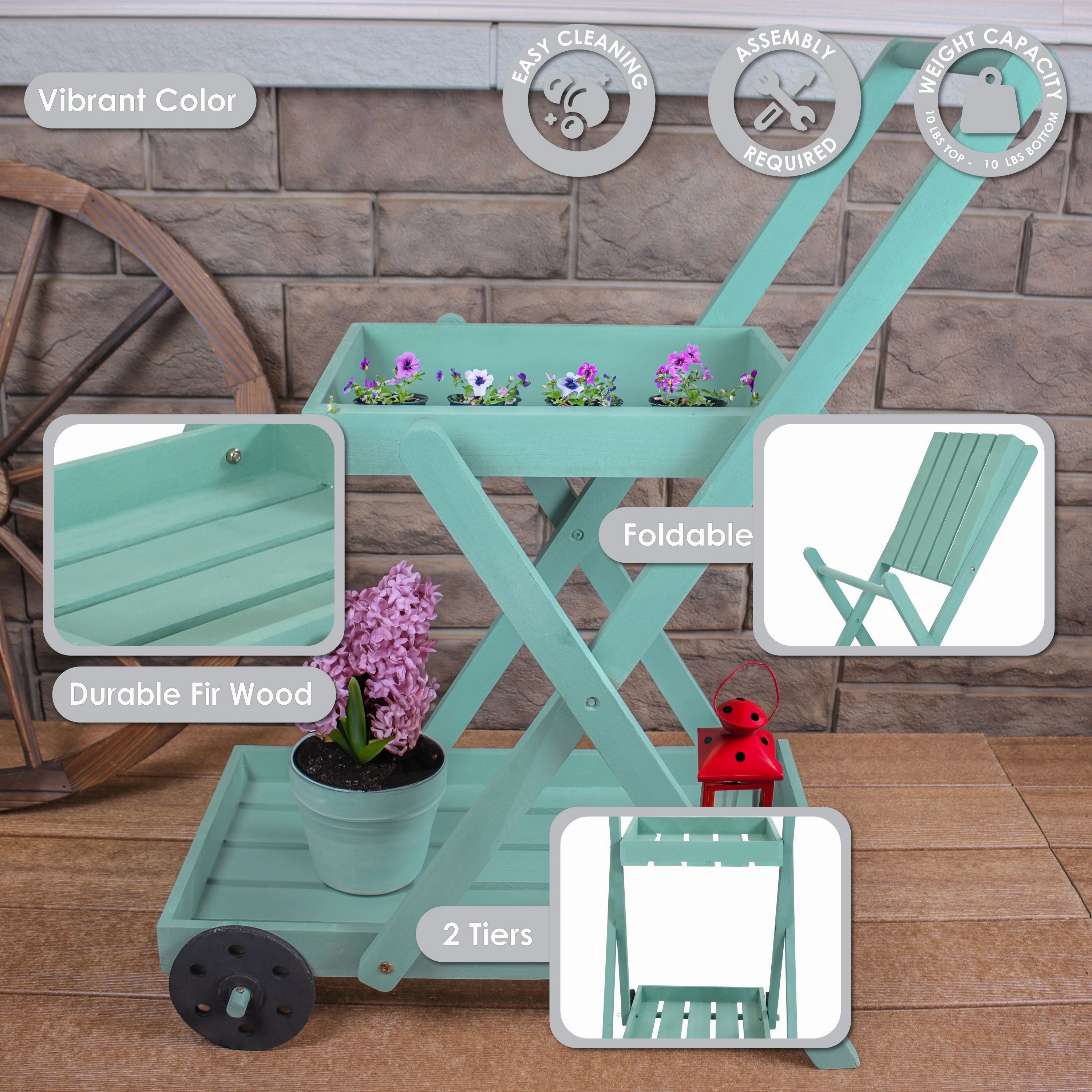 Sunnydaze 2-Tiered Flower Garden Cart - 34 H - Robin Egg Blue
