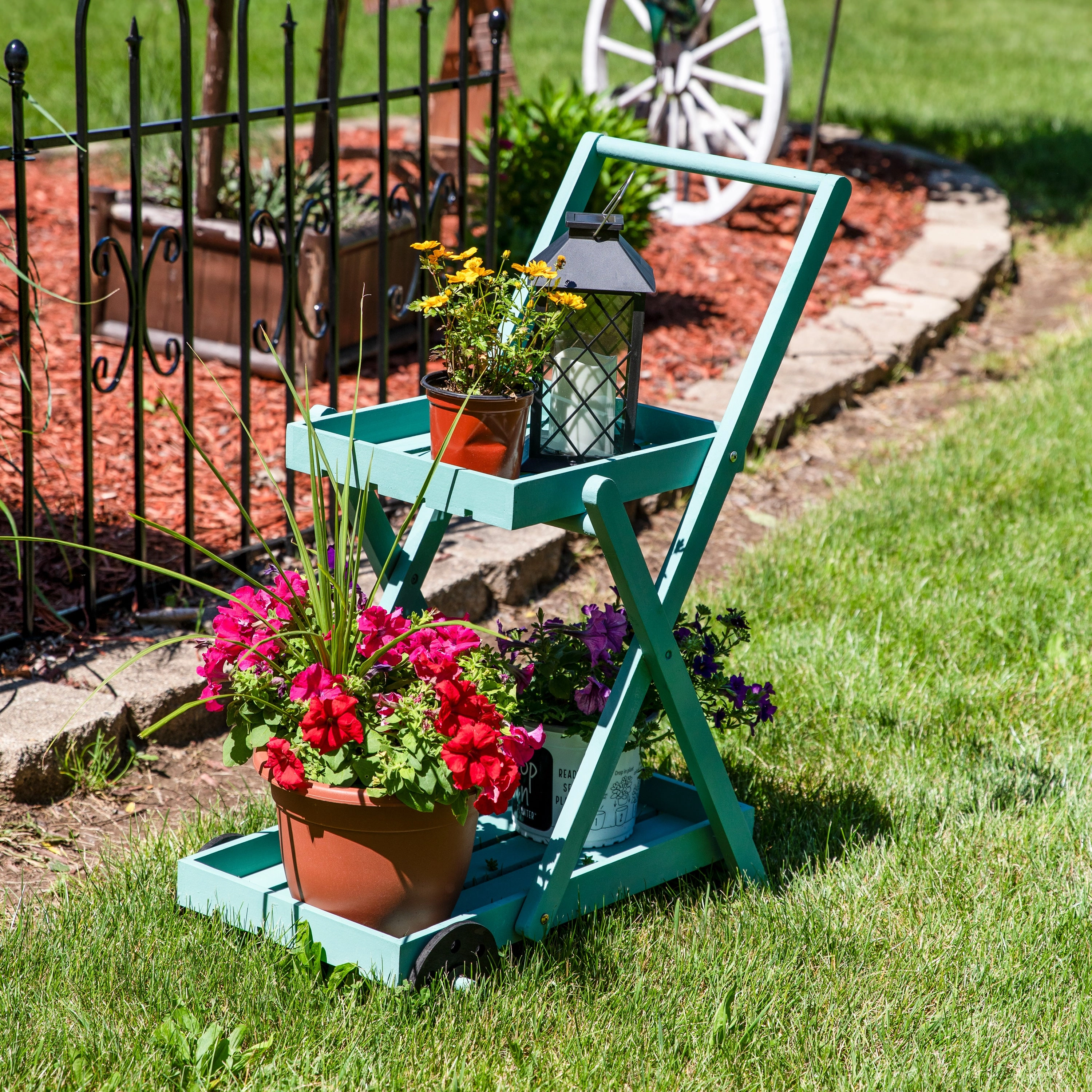 Sunnydaze 2-Tiered Flower Garden Cart - 34 H - Robin Egg Blue