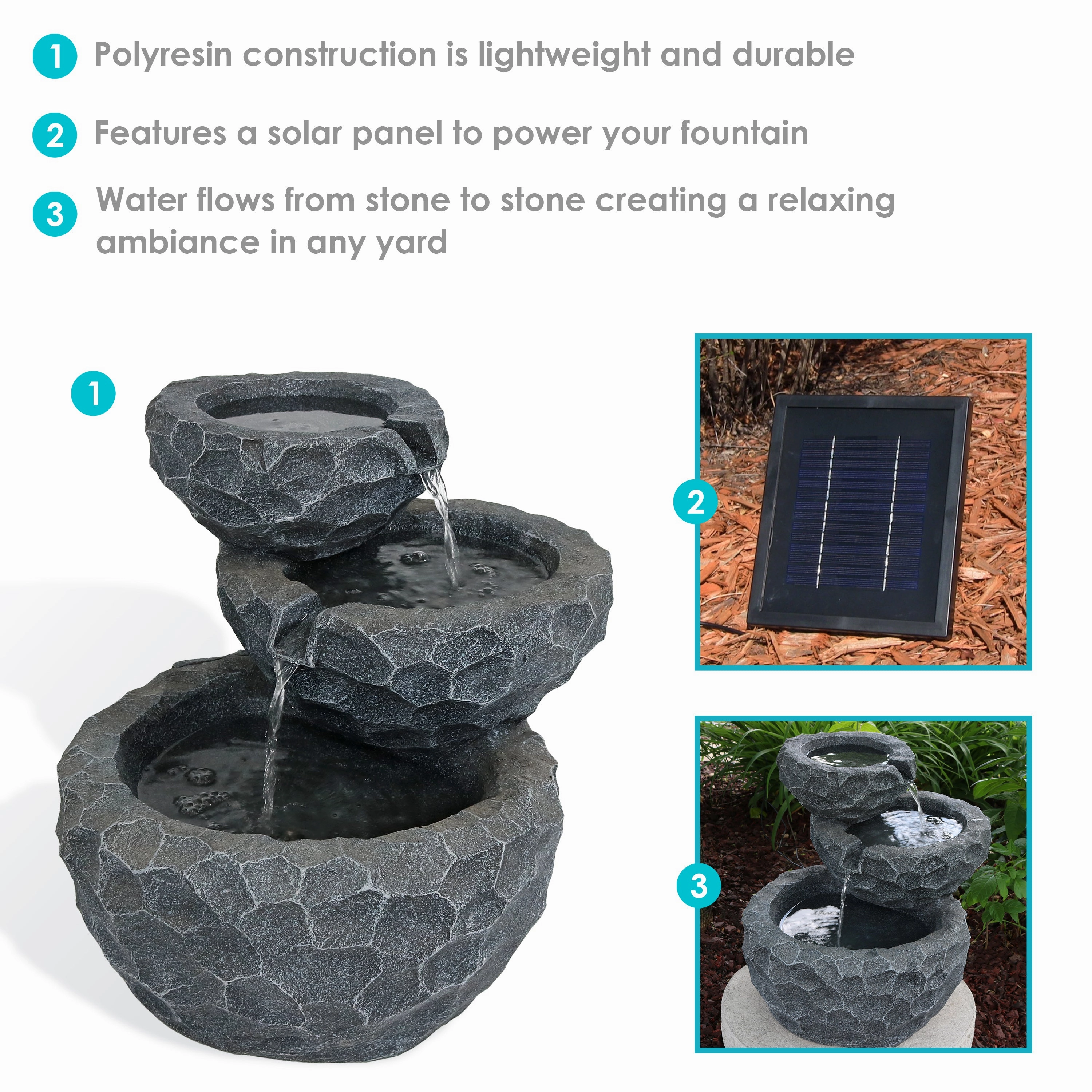 Sunnydaze 3-Tier Chiseled Basin Solar Powered Fountain for Garden, Patio, Yard or Balcony - Polyresin