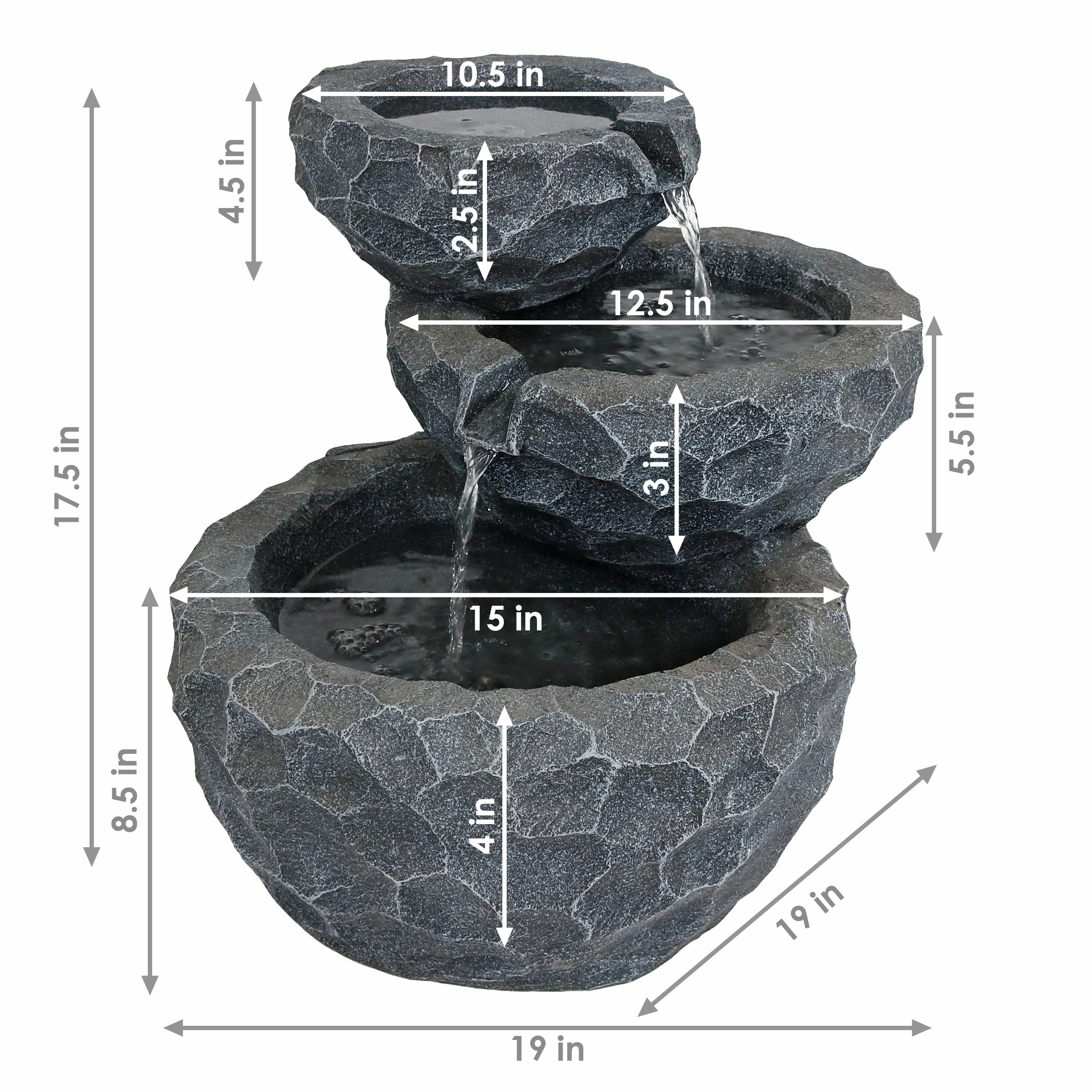 Sunnydaze 3-Tier Chiseled Basin Solar Powered Fountain for Garden, Patio, Yard or Balcony - Polyresin