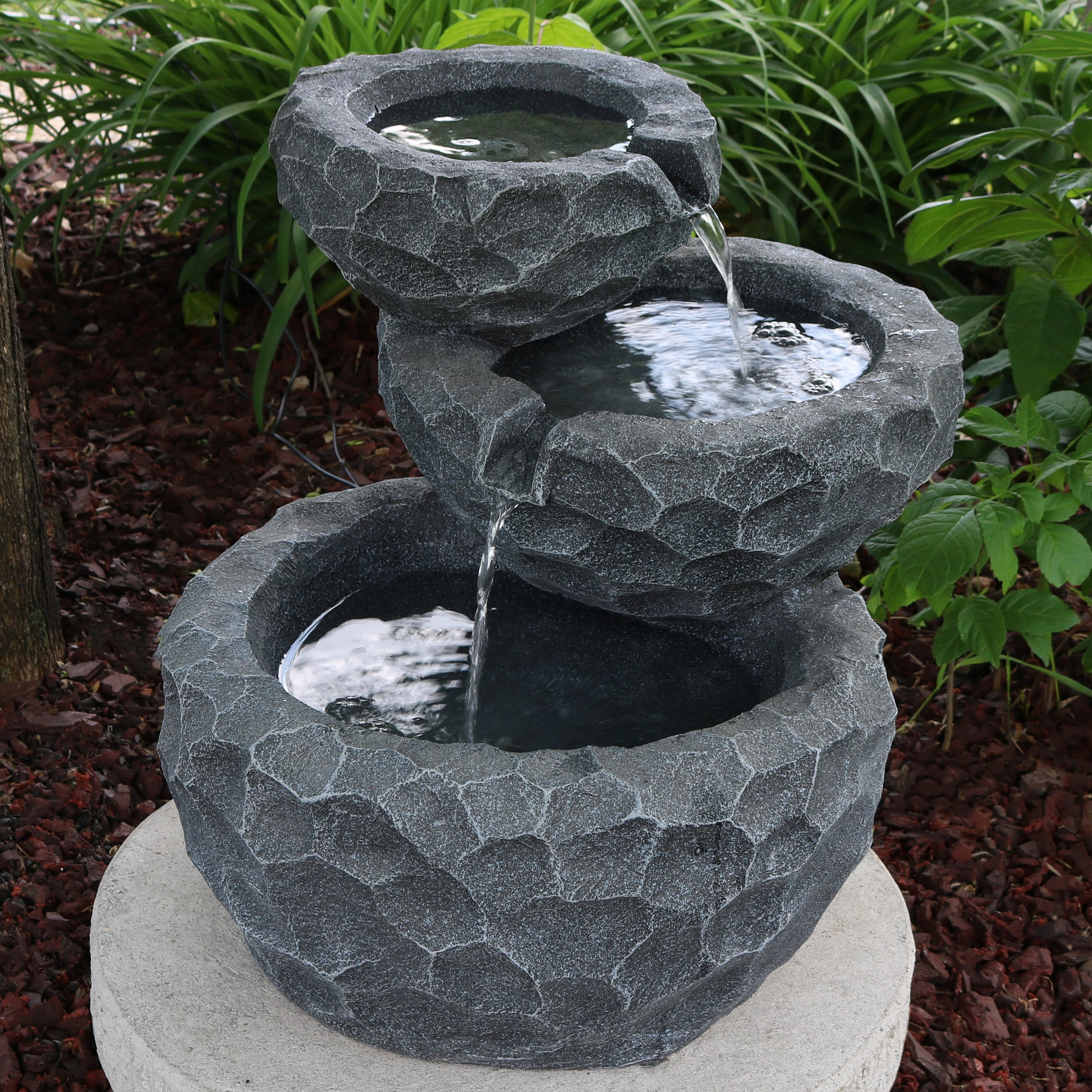 Sunnydaze 3-Tier Chiseled Basin Solar Powered Fountain for Garden, Patio, Yard or Balcony - Polyresin
