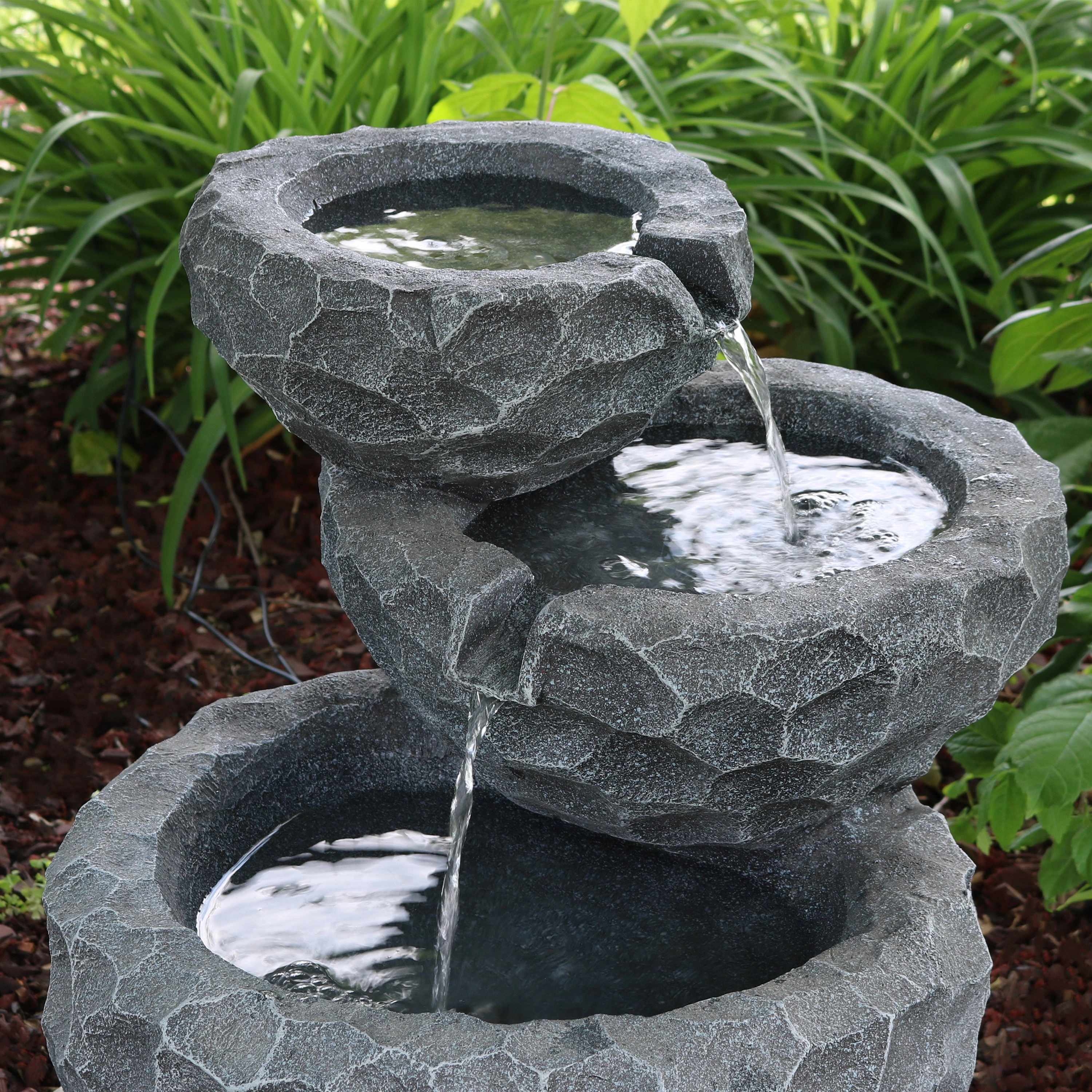 Sunnydaze 3-Tier Chiseled Basin Solar Powered Fountain for Garden, Patio, Yard or Balcony - Polyresin