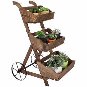 Sunnydaze 3-Tier Fir Wooden Plant Stand with Wheels - Brown - 39.25" H decorative outdoor planter box designs
