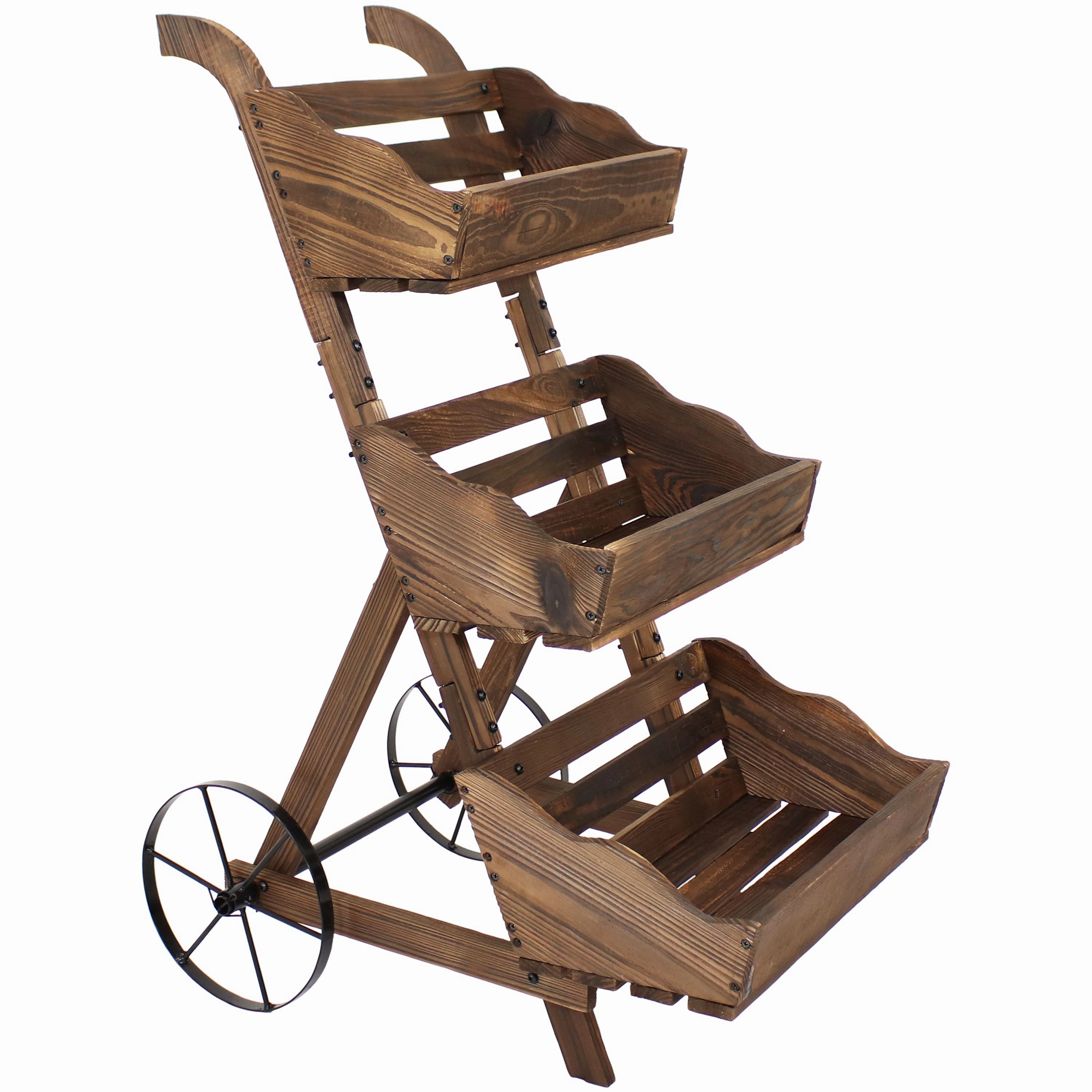 Sunnydaze 3-Tier Fir Wooden Plant Stand with Wheels - Brown - 39.25" H