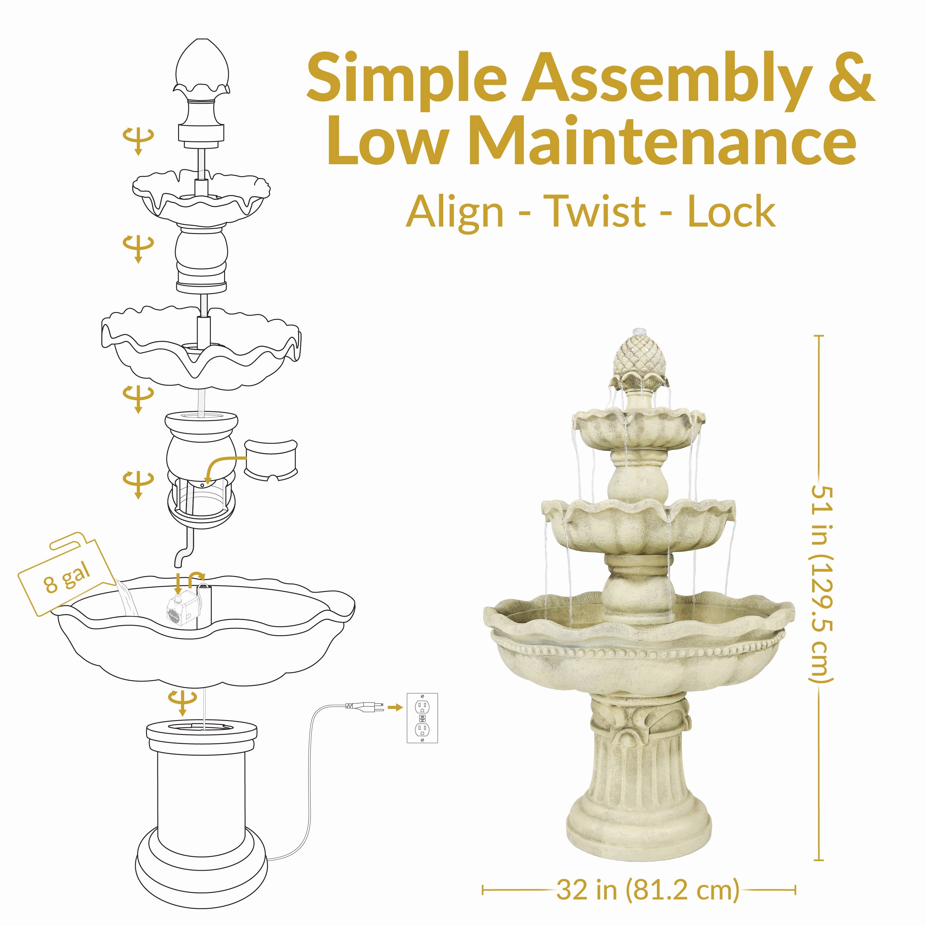 Sunnydaze 3-Tier Pineapple Garden Fountain - White - 51" H