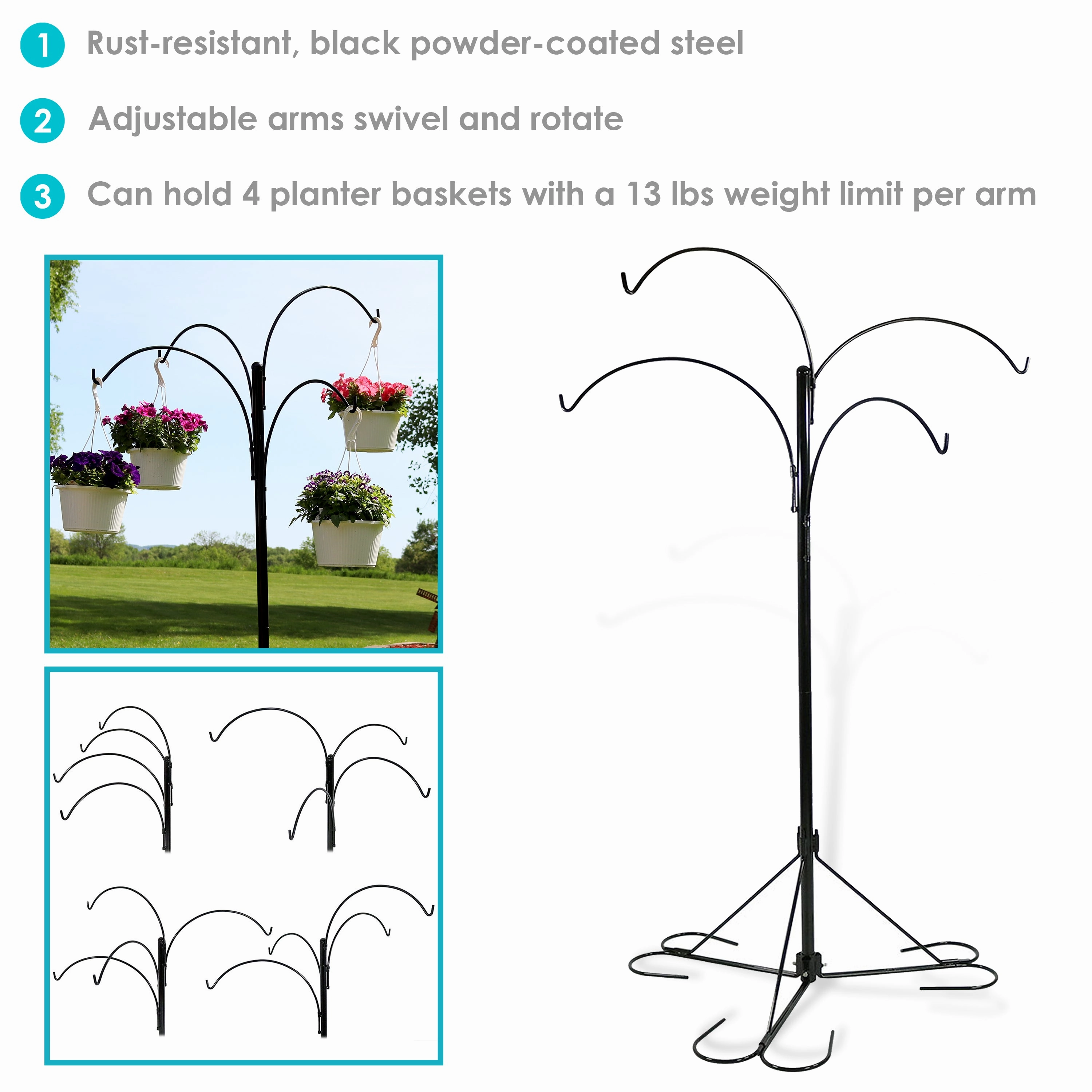 Sunnydaze 4-Arm Hanging Basket Stand with Adjustable Arms - 84" H