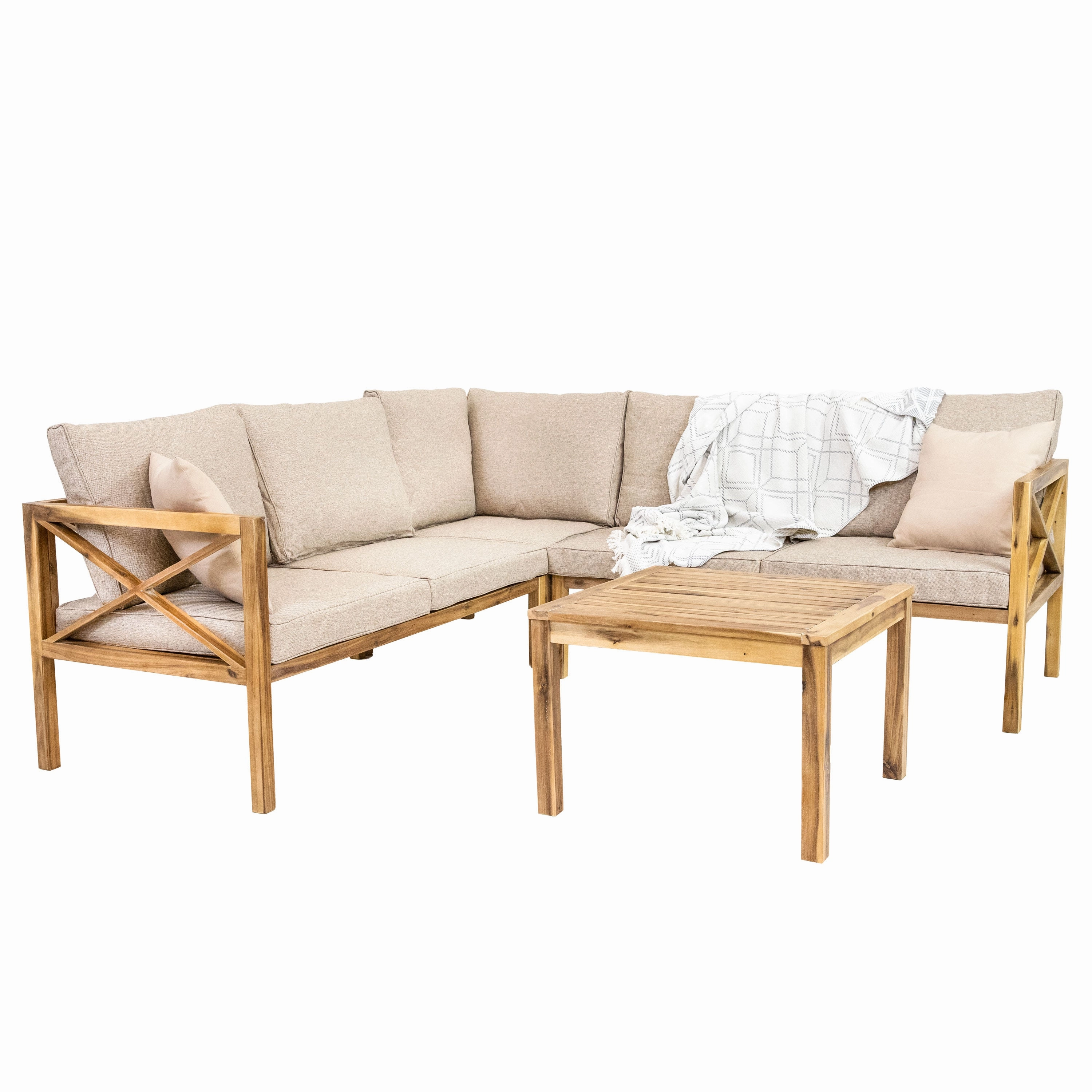 Sunnydaze 4-Piece Wood Patio Furniture Set  L-Shaped Outdoor Sofa Set