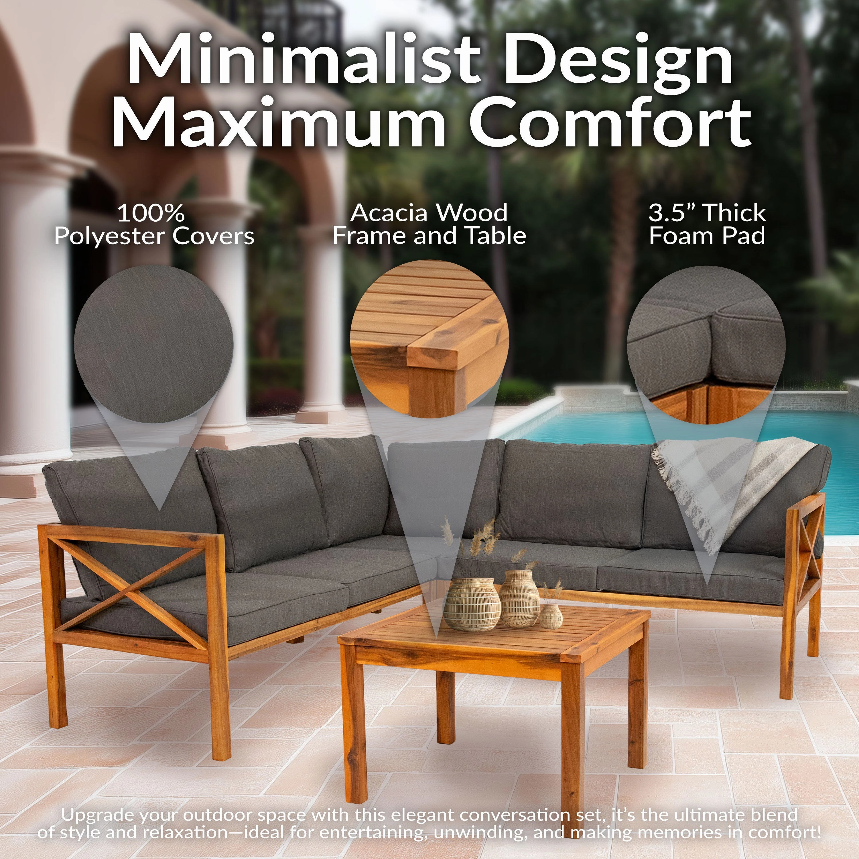 Sunnydaze 4-Piece Wood Patio Furniture Set  L-Shaped Outdoor Sofa Set
