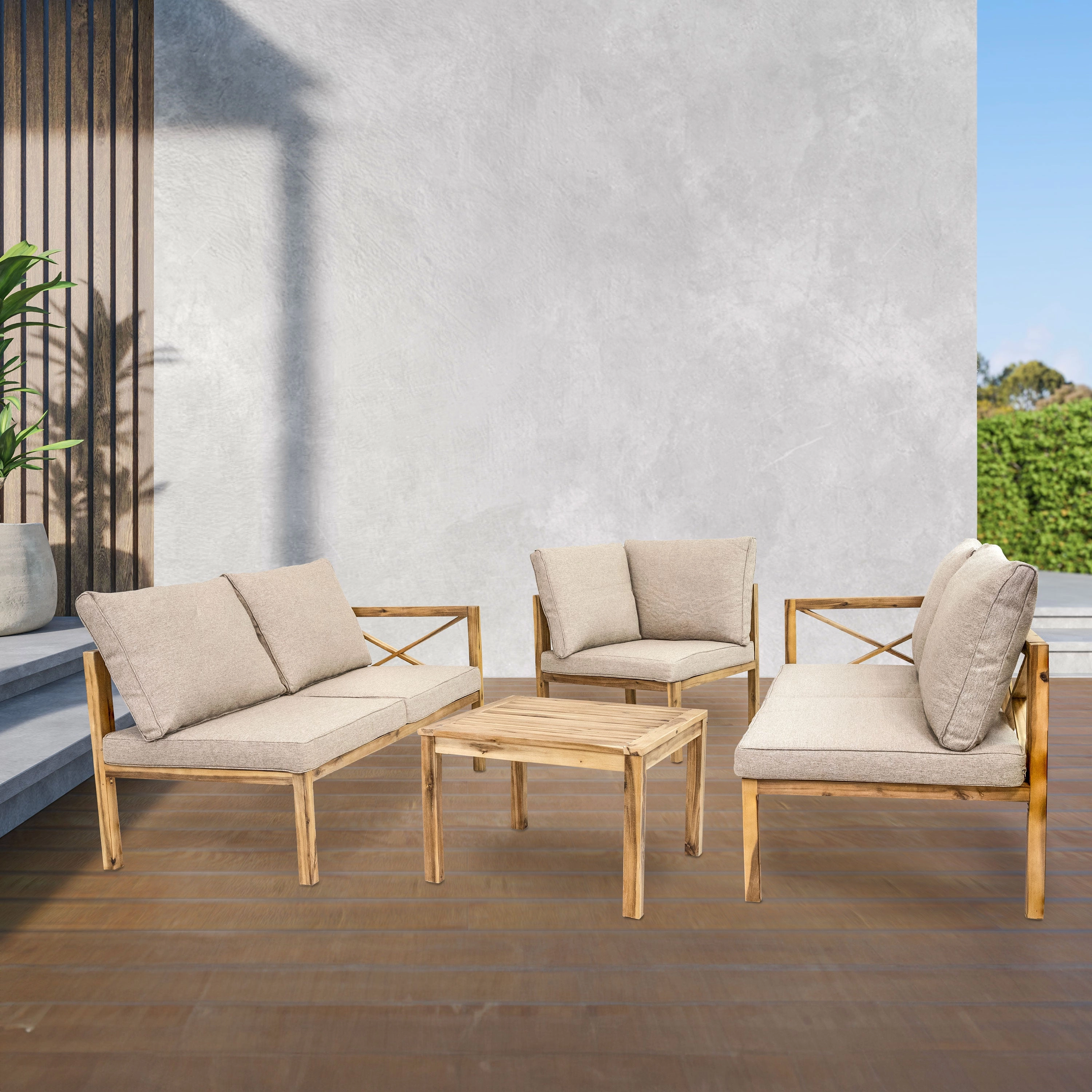 Sunnydaze 4-Piece Wood Patio Furniture Set  L-Shaped Outdoor Sofa Set