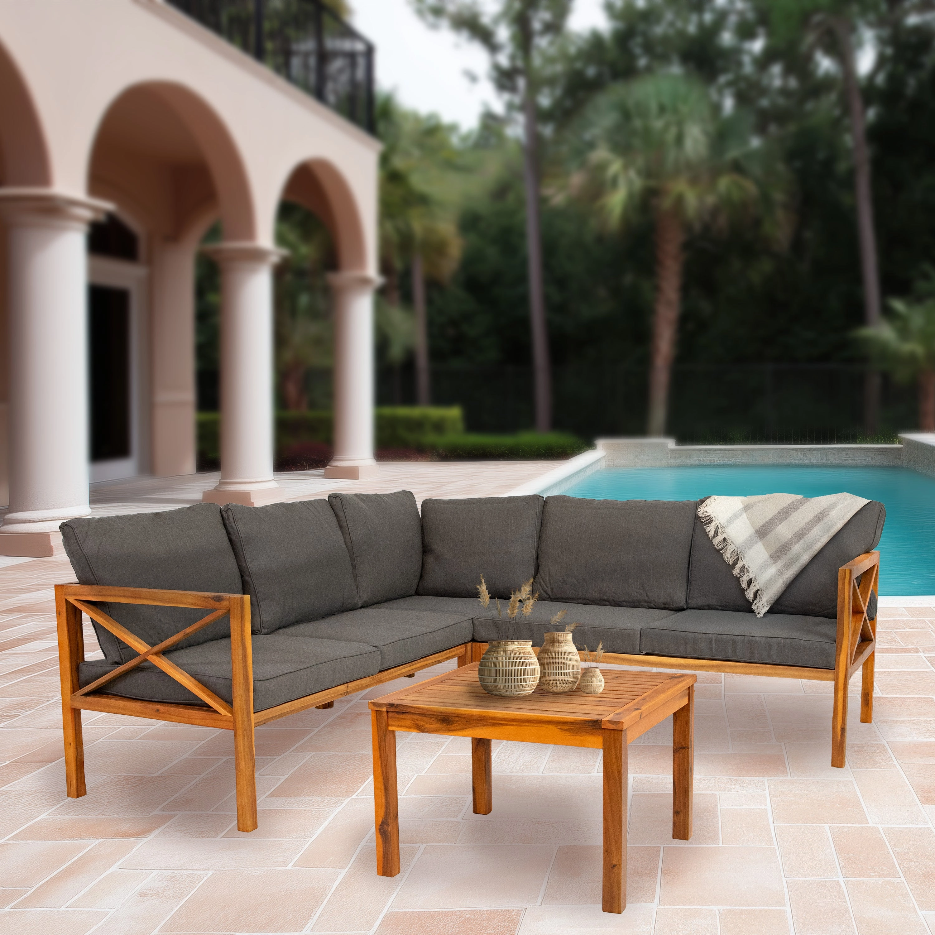 Sunnydaze 4-Piece Wood Patio Furniture Set  L-Shaped Outdoor Sofa Set