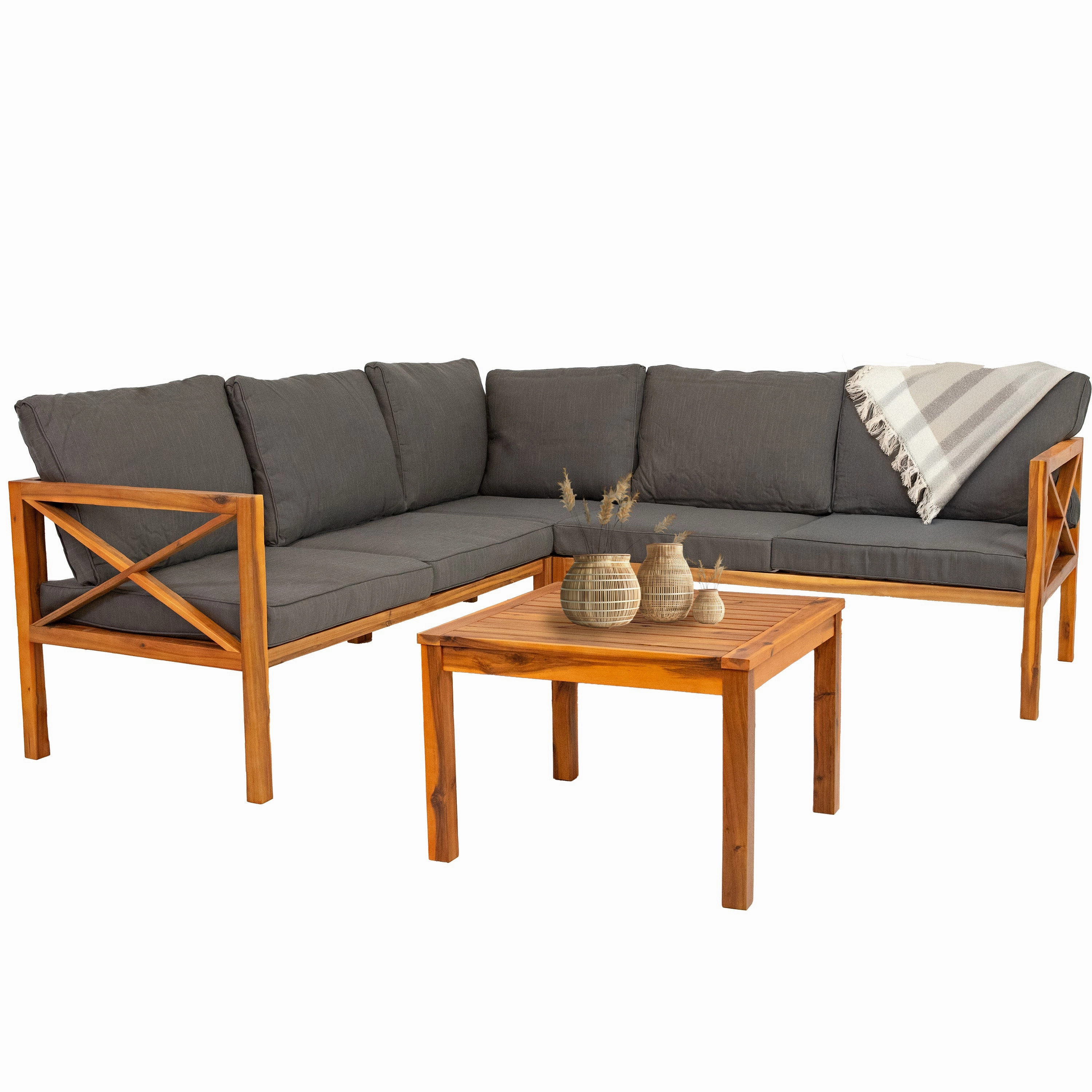 Sunnydaze 4-Piece Wood Patio Furniture Set  L-Shaped Outdoor Sofa Set