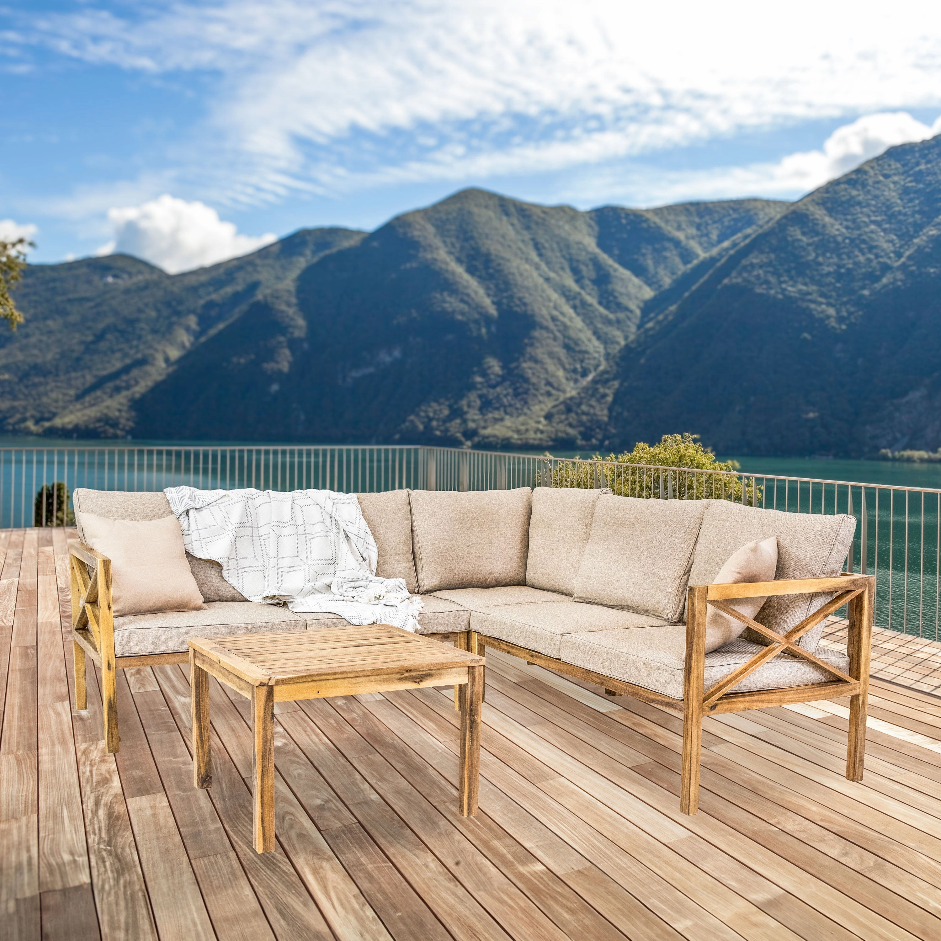 Sunnydaze 4-Piece Wood Patio Furniture Set  L-Shaped Outdoor Sofa Set
