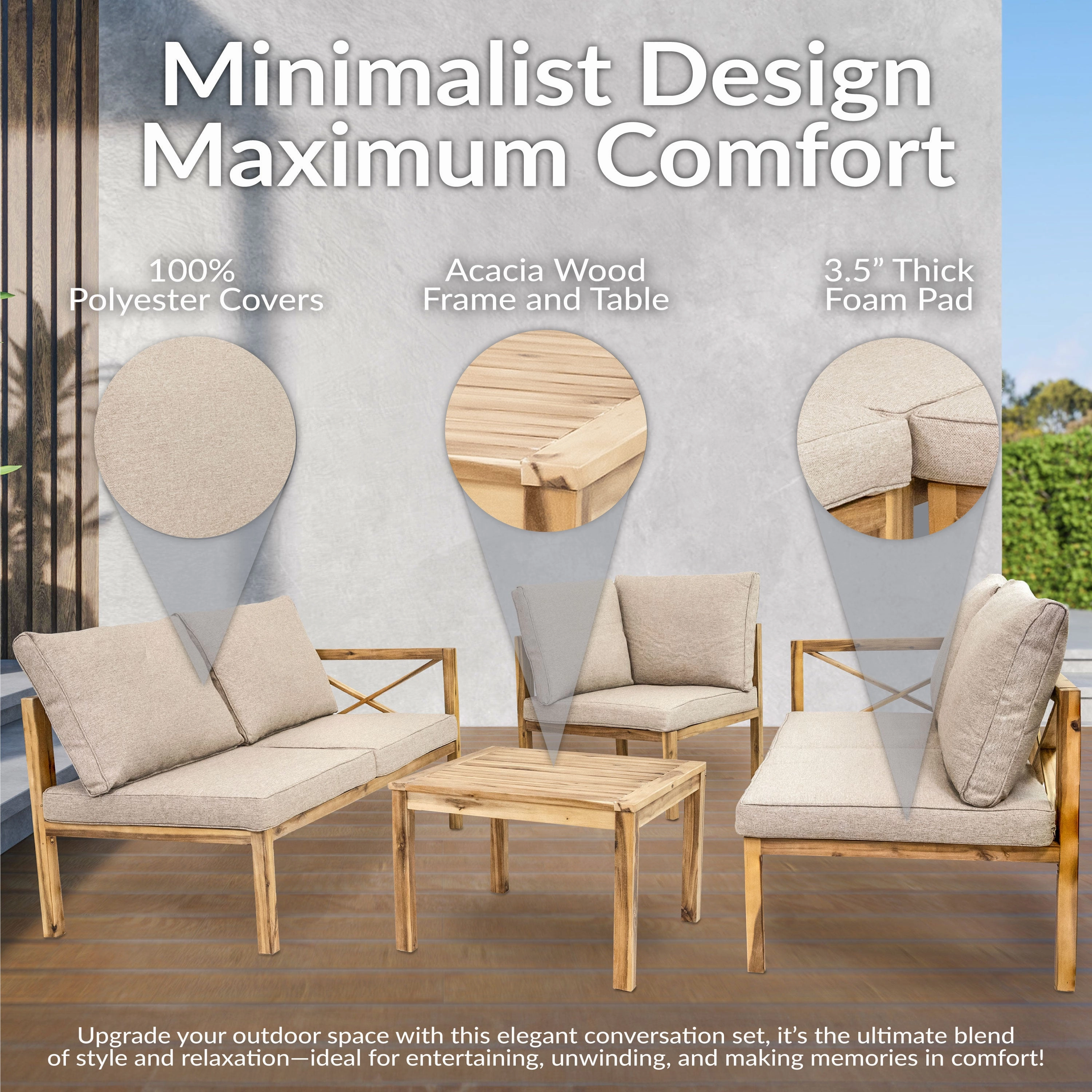 Sunnydaze 4-Piece Wood Patio Furniture Set  L-Shaped Outdoor Sofa Set