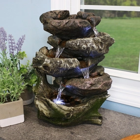 Sunnydaze 5-Step Rock Falls Tabletop Water Fountain with LED Lights - 14"outdoor garden water fountain