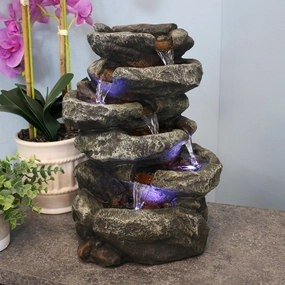 Sunnydaze 6-Tier Stone Falls Indoor Tabletop Fountain with LED Light - 15"outdoor garden water fountain