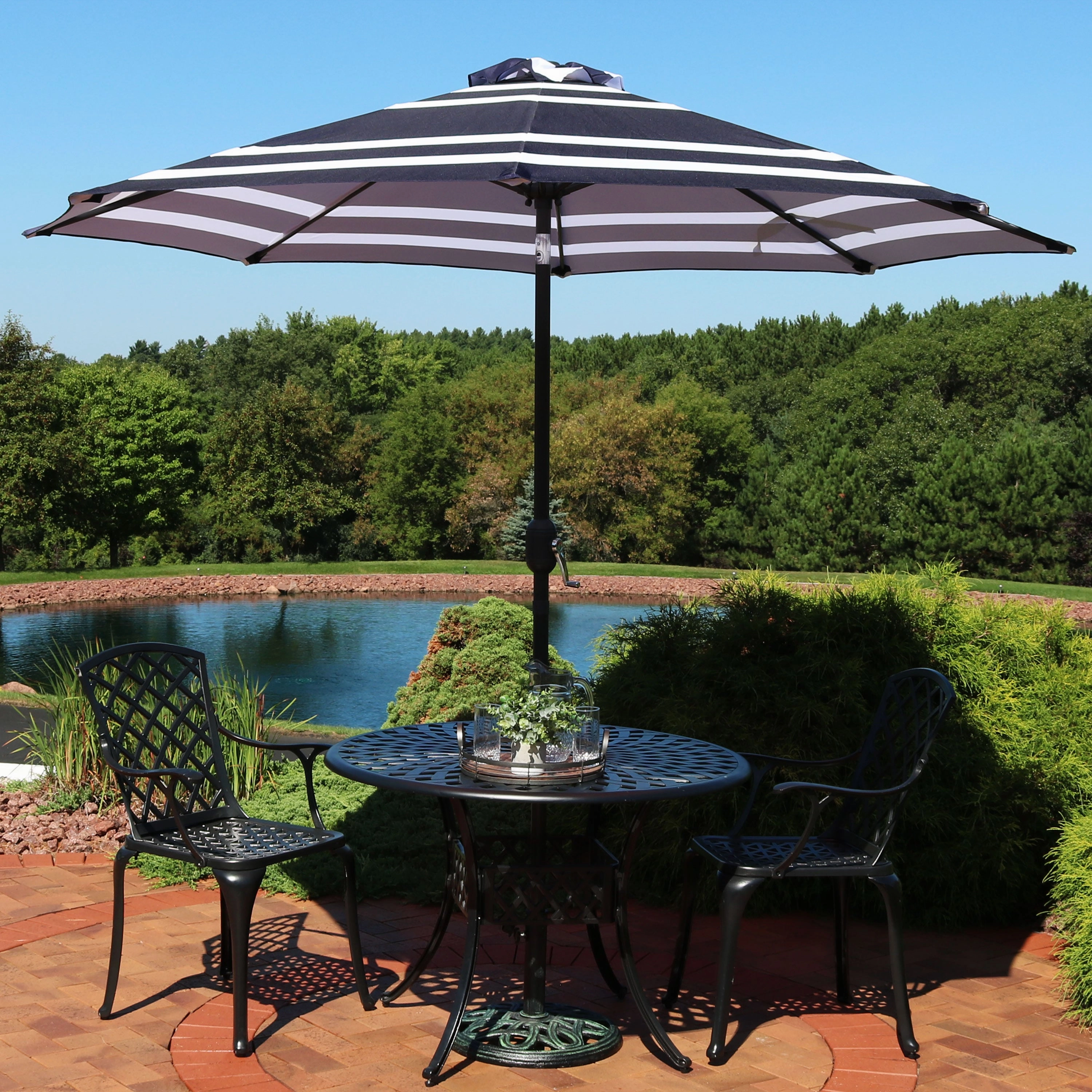 Sunnydaze 9' Striped Patio Umbrella with Push Button Tilt and Crank