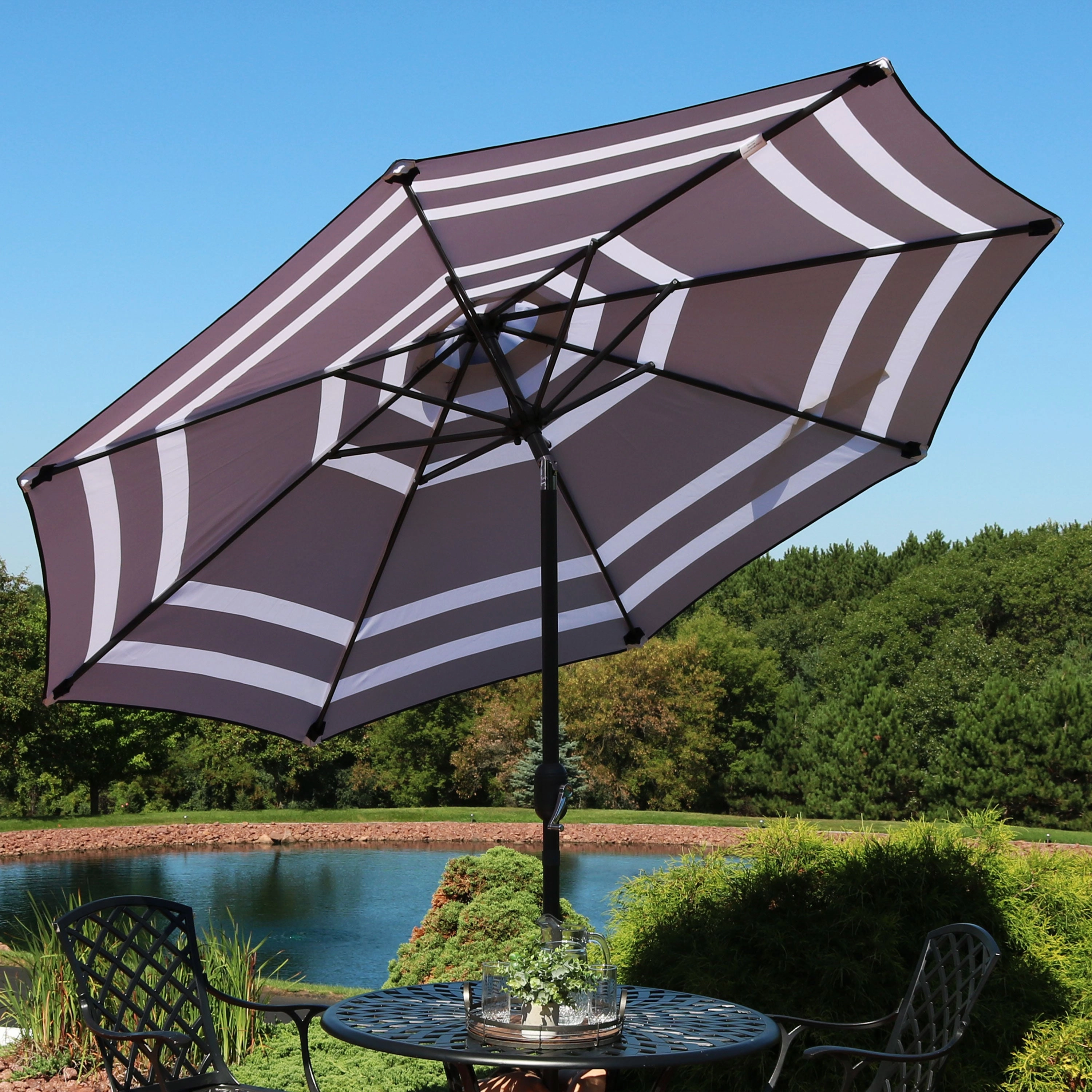 Sunnydaze 9' Striped Patio Umbrella with Push Button Tilt and Crank