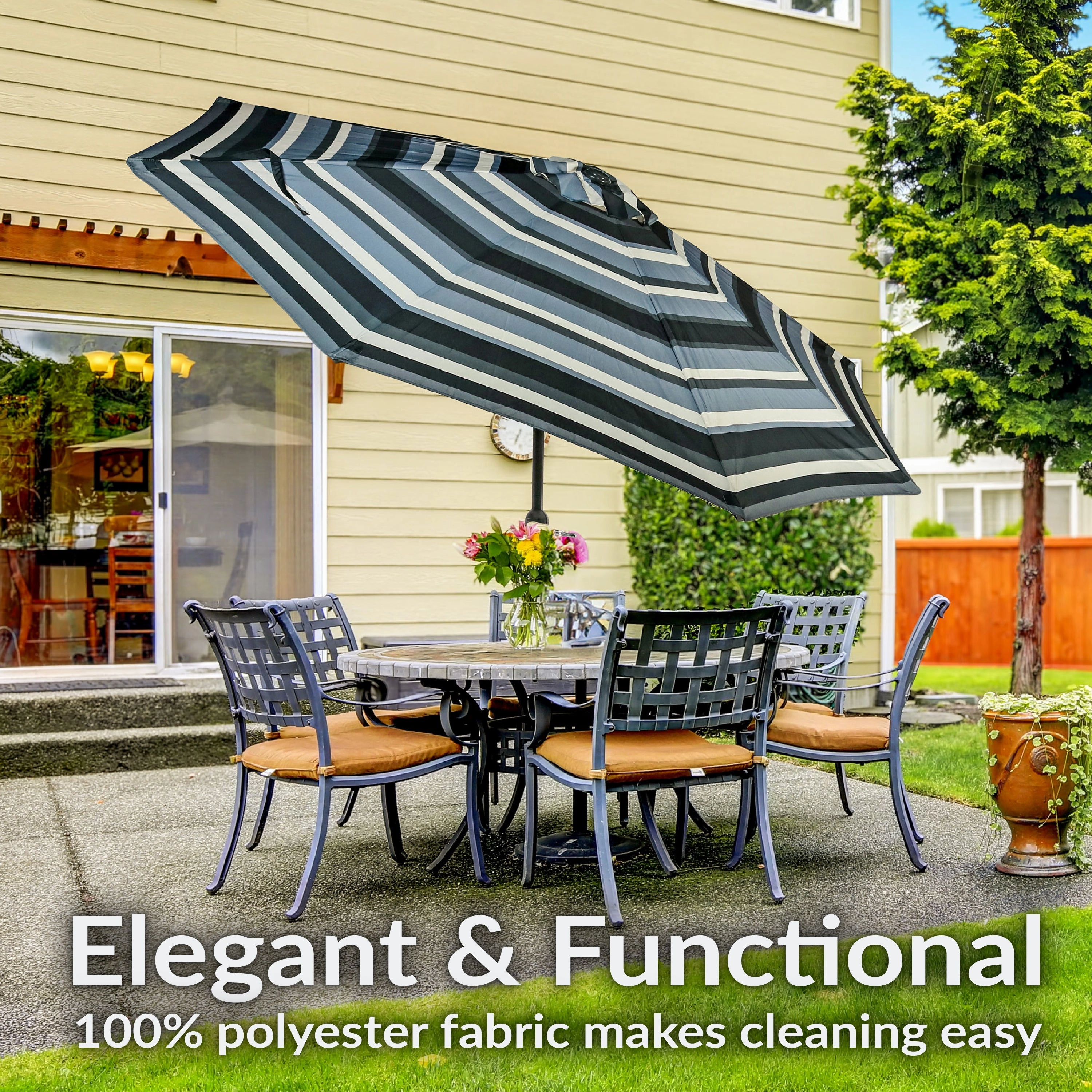 Sunnydaze 9' Striped Patio Umbrella with Push Button Tilt and Crank