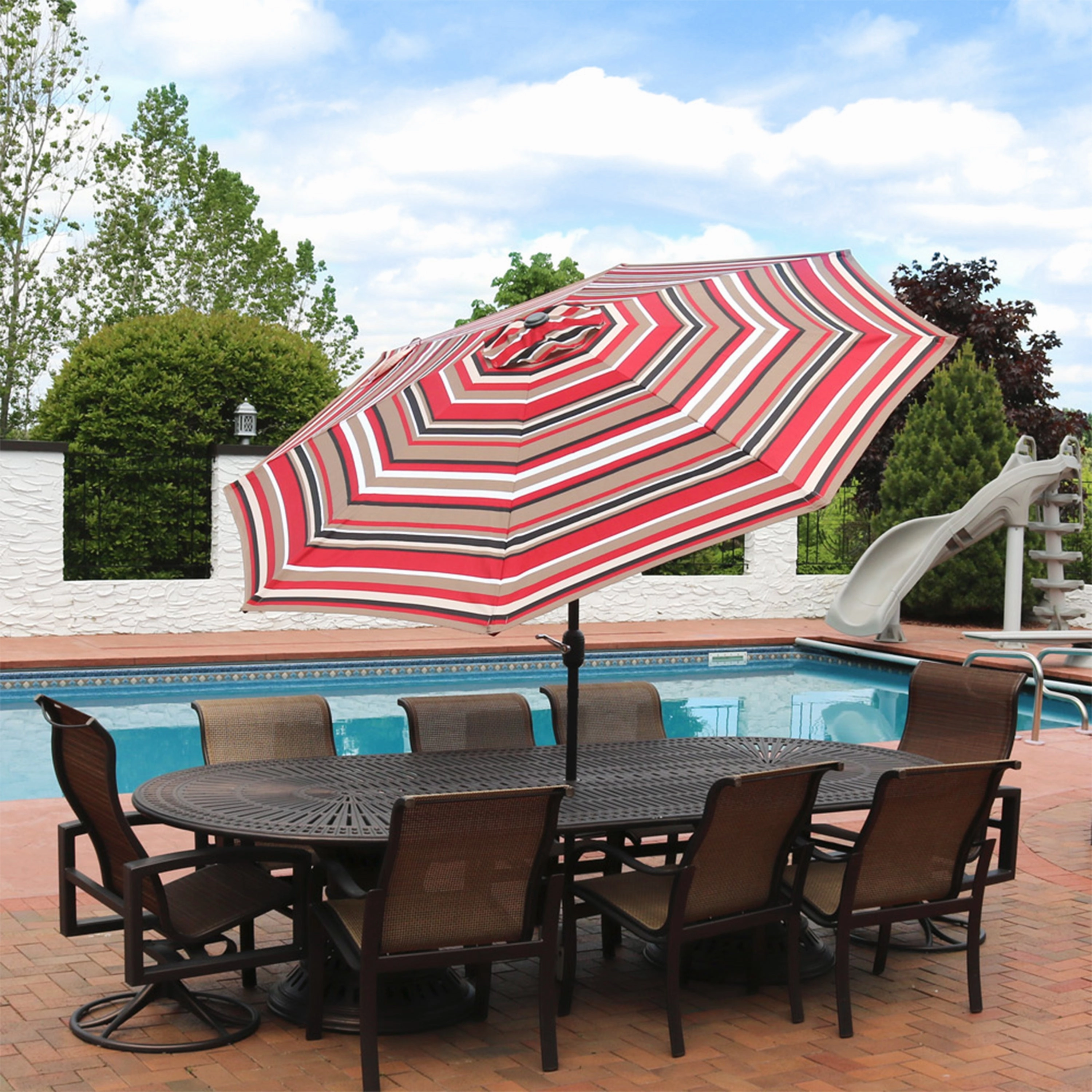 Sunnydaze 9' Striped Patio Umbrella with Push Button Tilt and Crank