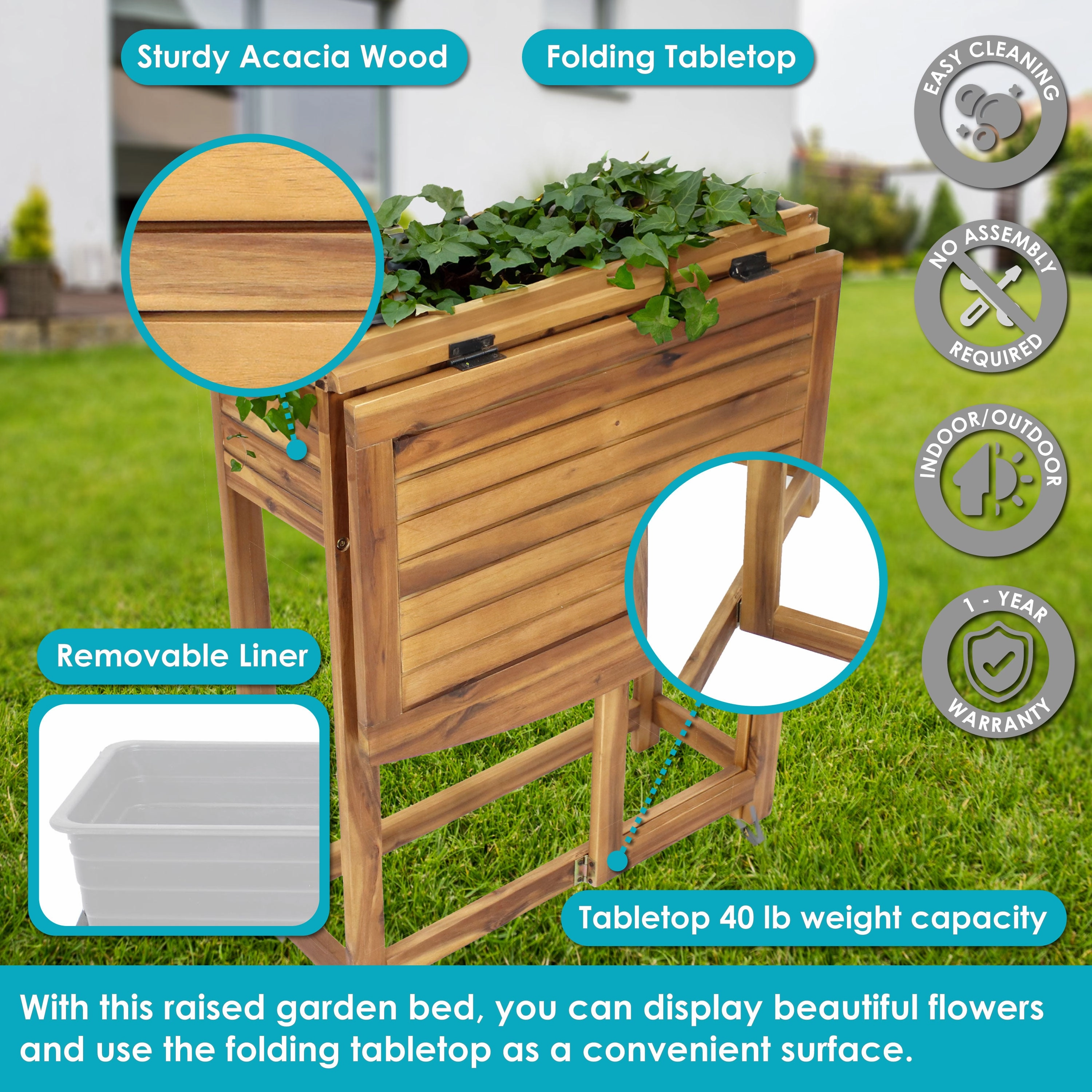 Sunnydaze Acacia Wood Raised Garden Bed with Shelf - 30.5" H