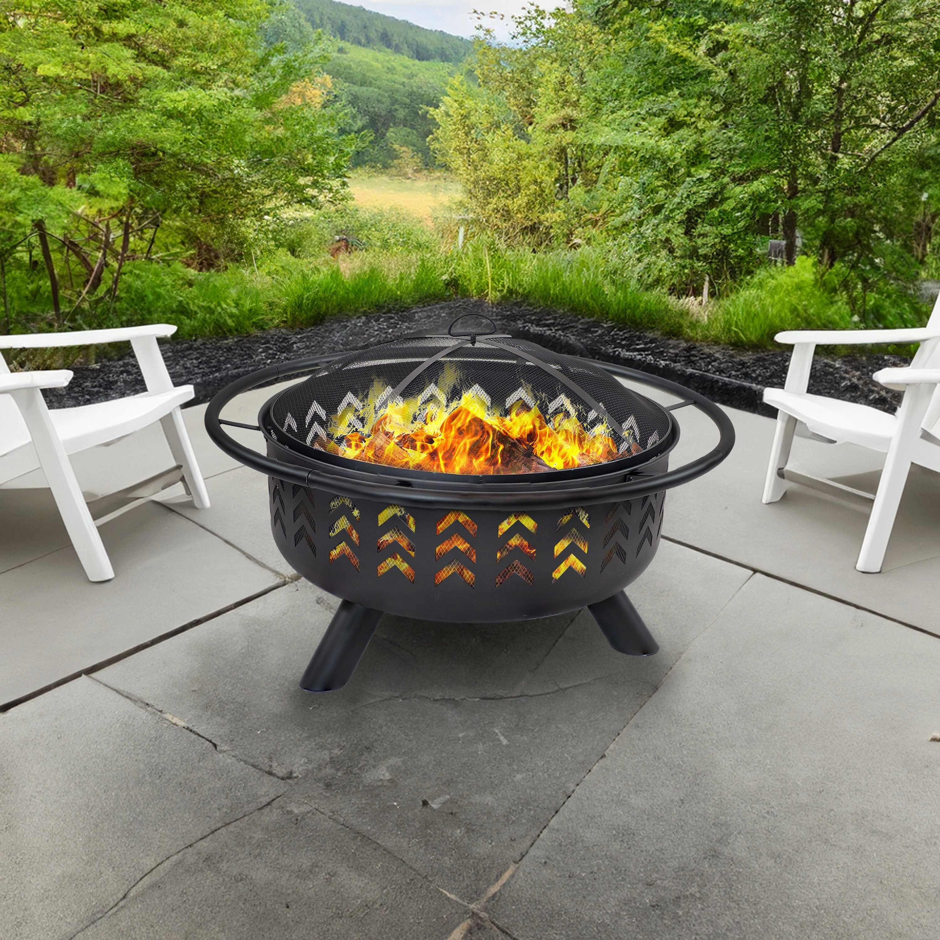 Sunnydaze Arrow Motif Steel Wood-Burning Fire Pit with Spark Screen - 36"