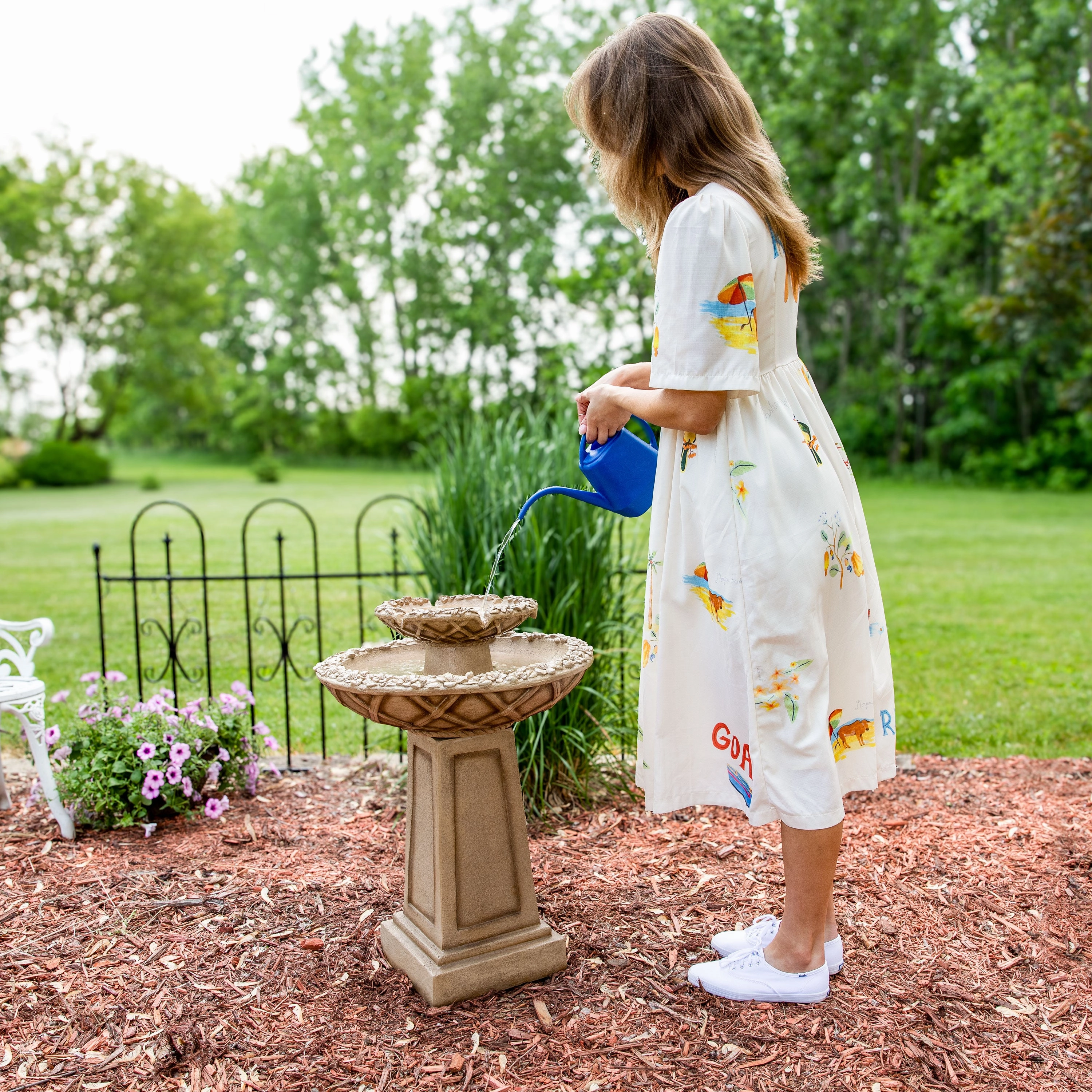 Sunnydaze Beveled Flower 2-Tier Outdoor Water Fountain & Bird Bath - 28"