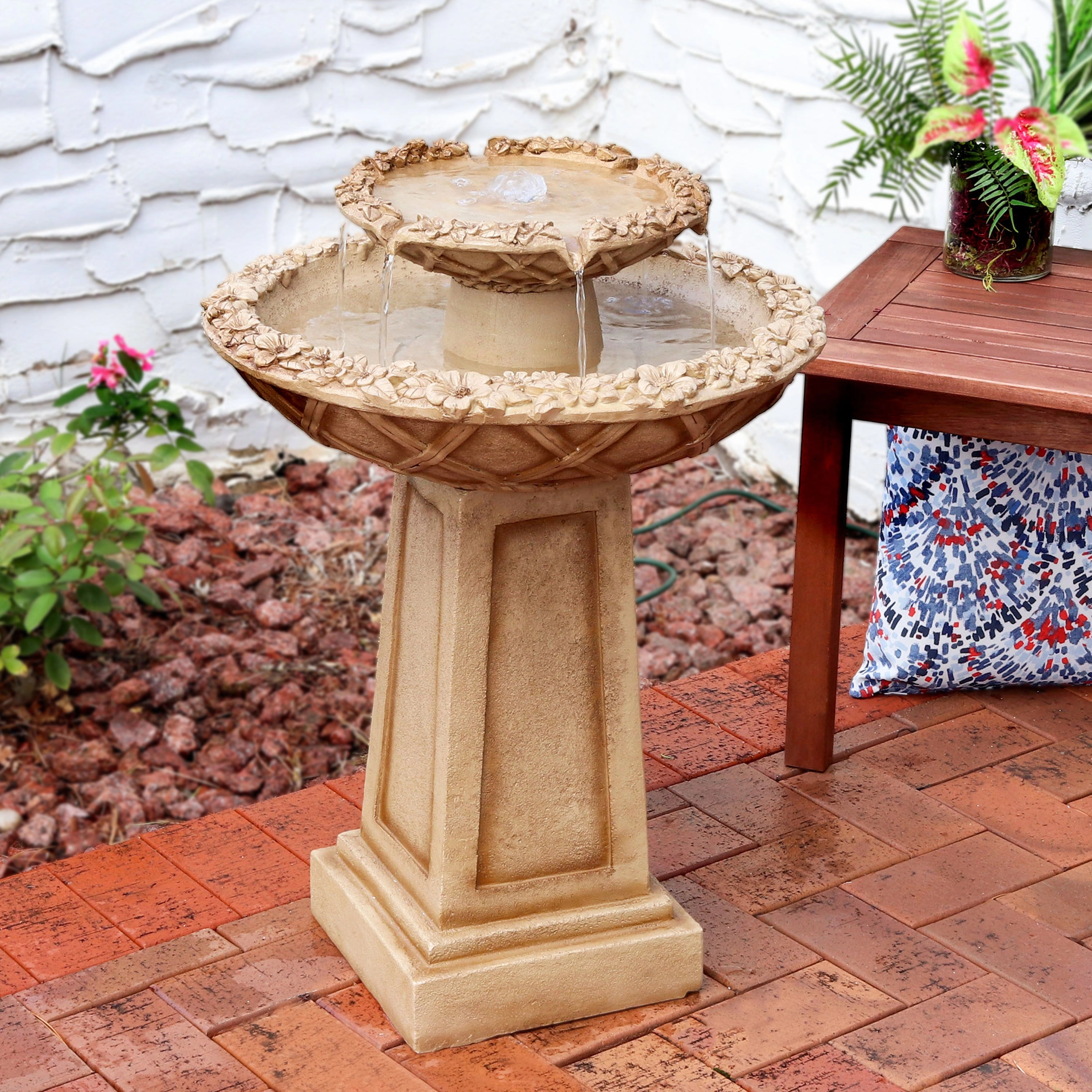 Sunnydaze Beveled Flower 2-Tier Outdoor Water Fountain & Bird Bath - 28"