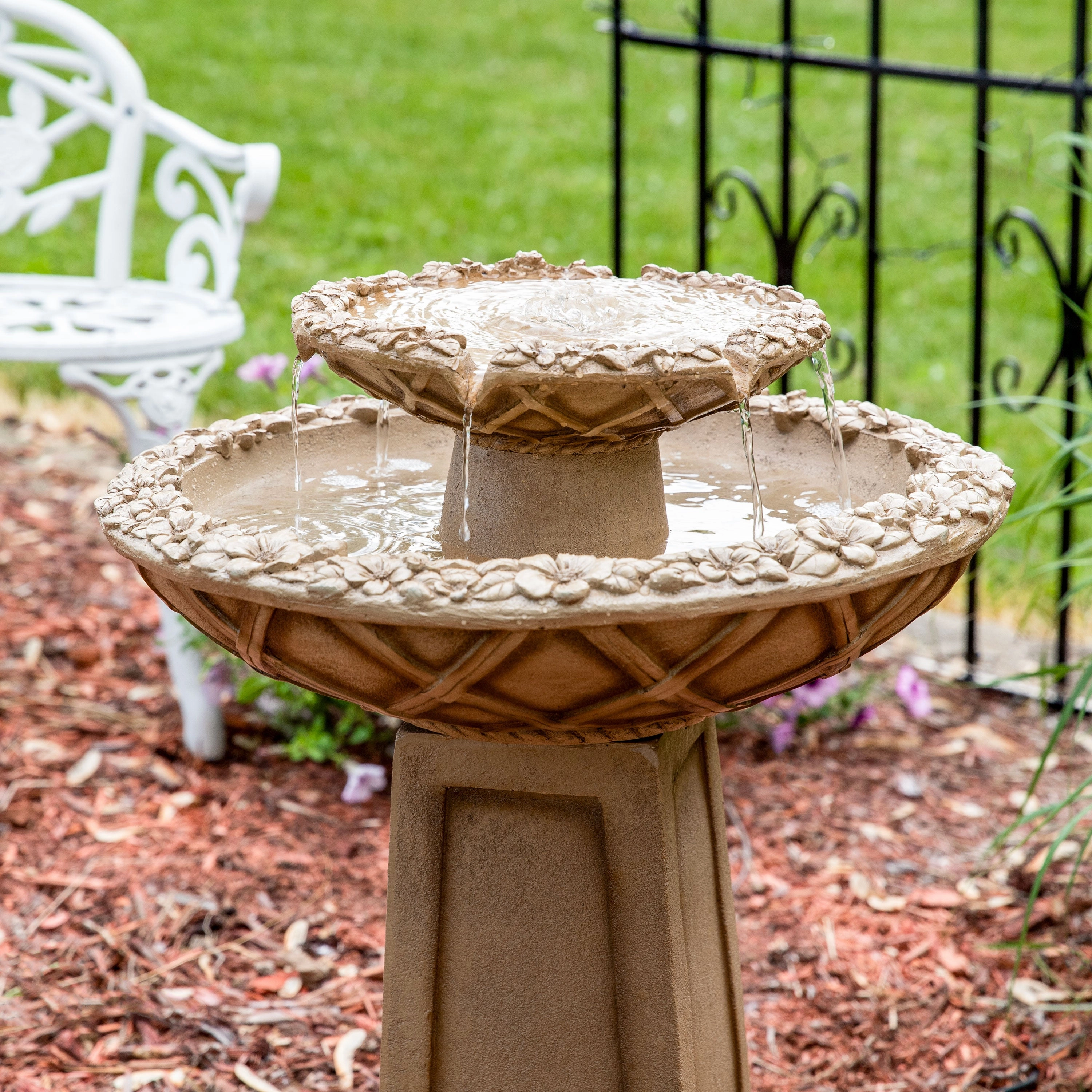 Sunnydaze Beveled Flower 2-Tier Outdoor Water Fountain & Bird Bath - 28"