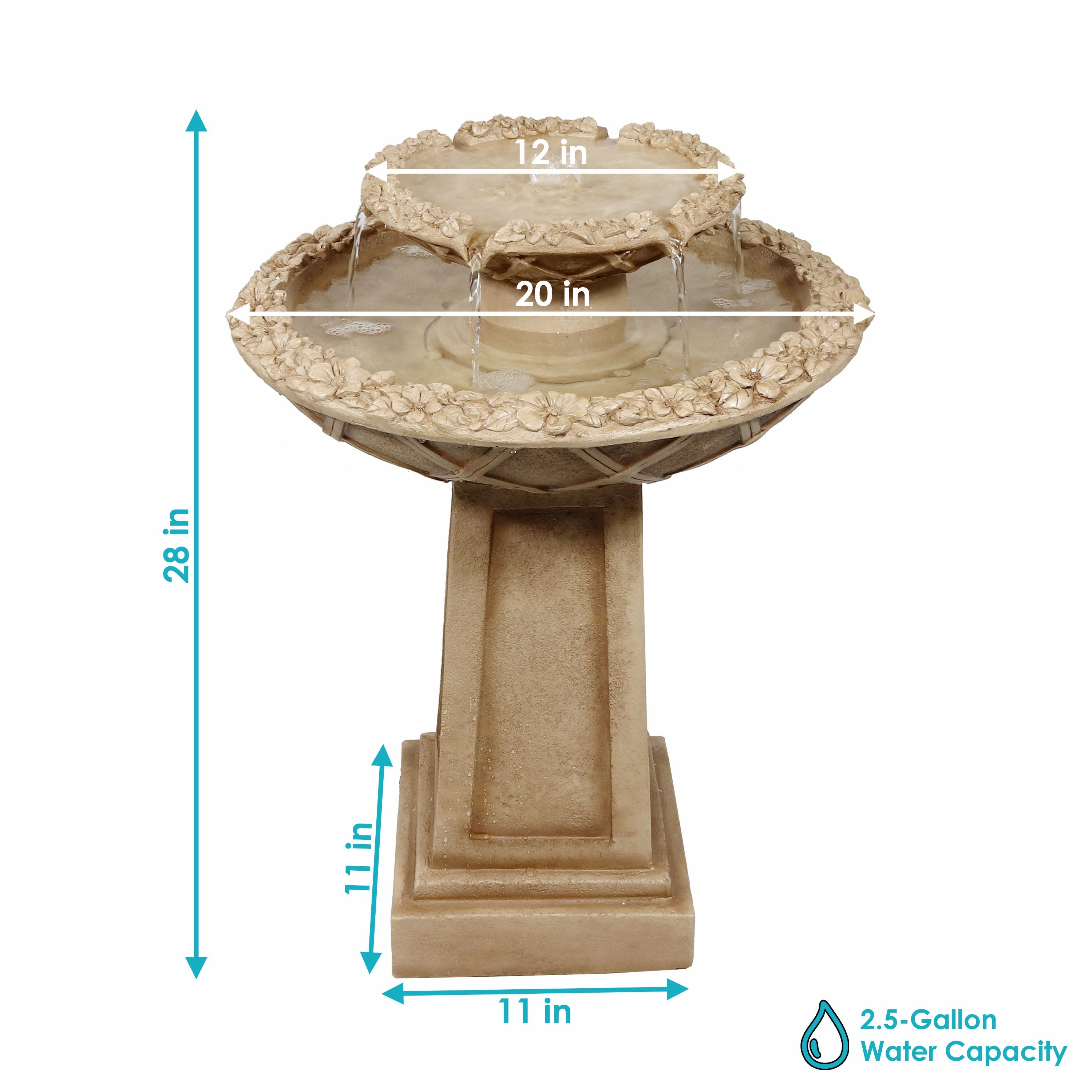 Sunnydaze Beveled Flower 2-Tier Outdoor Water Fountain & Bird Bath - 28"