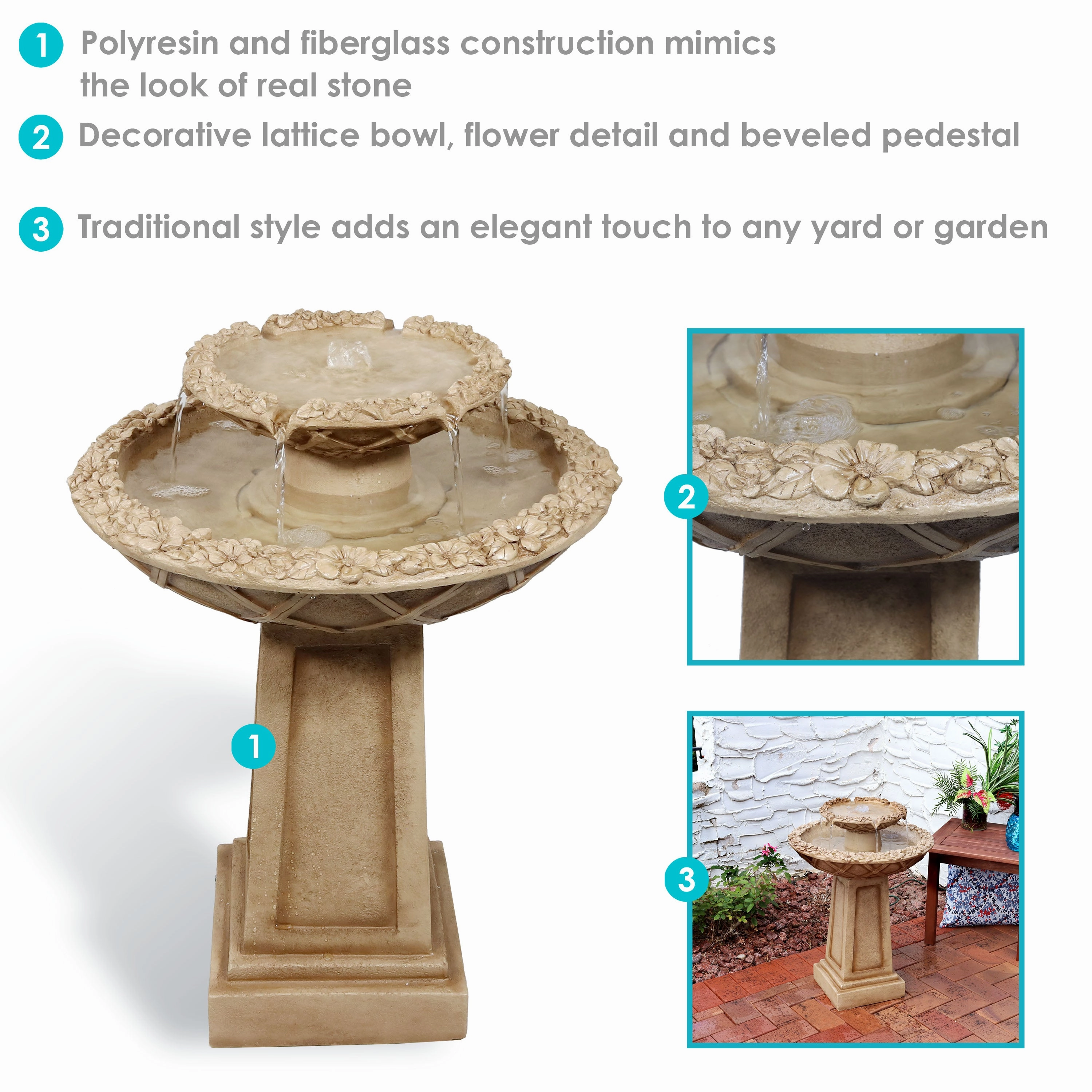 Sunnydaze Beveled Flower 2-Tier Outdoor Water Fountain & Bird Bath - 28"