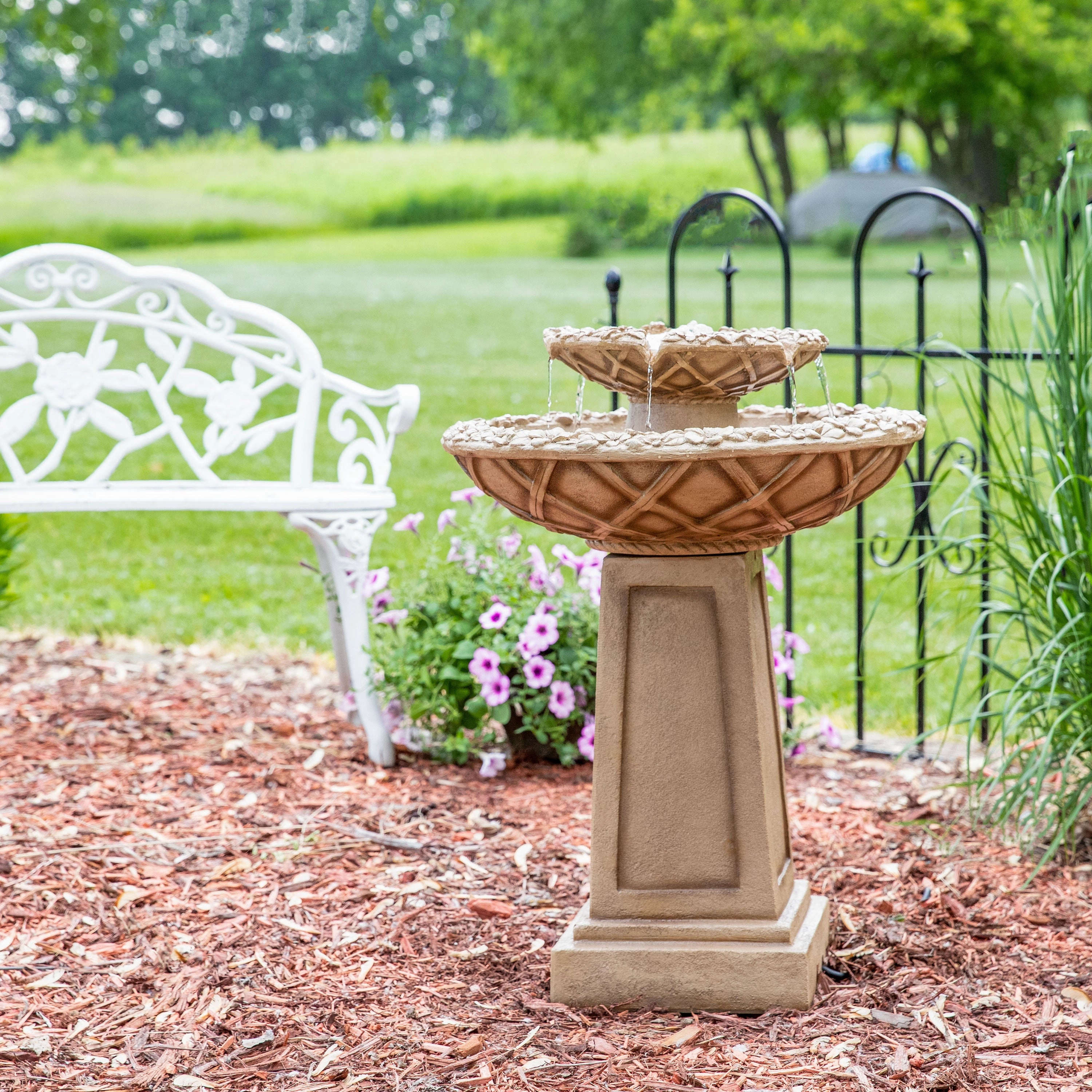 Sunnydaze Beveled Flower 2-Tier Outdoor Water Fountain & Bird Bath - 28"