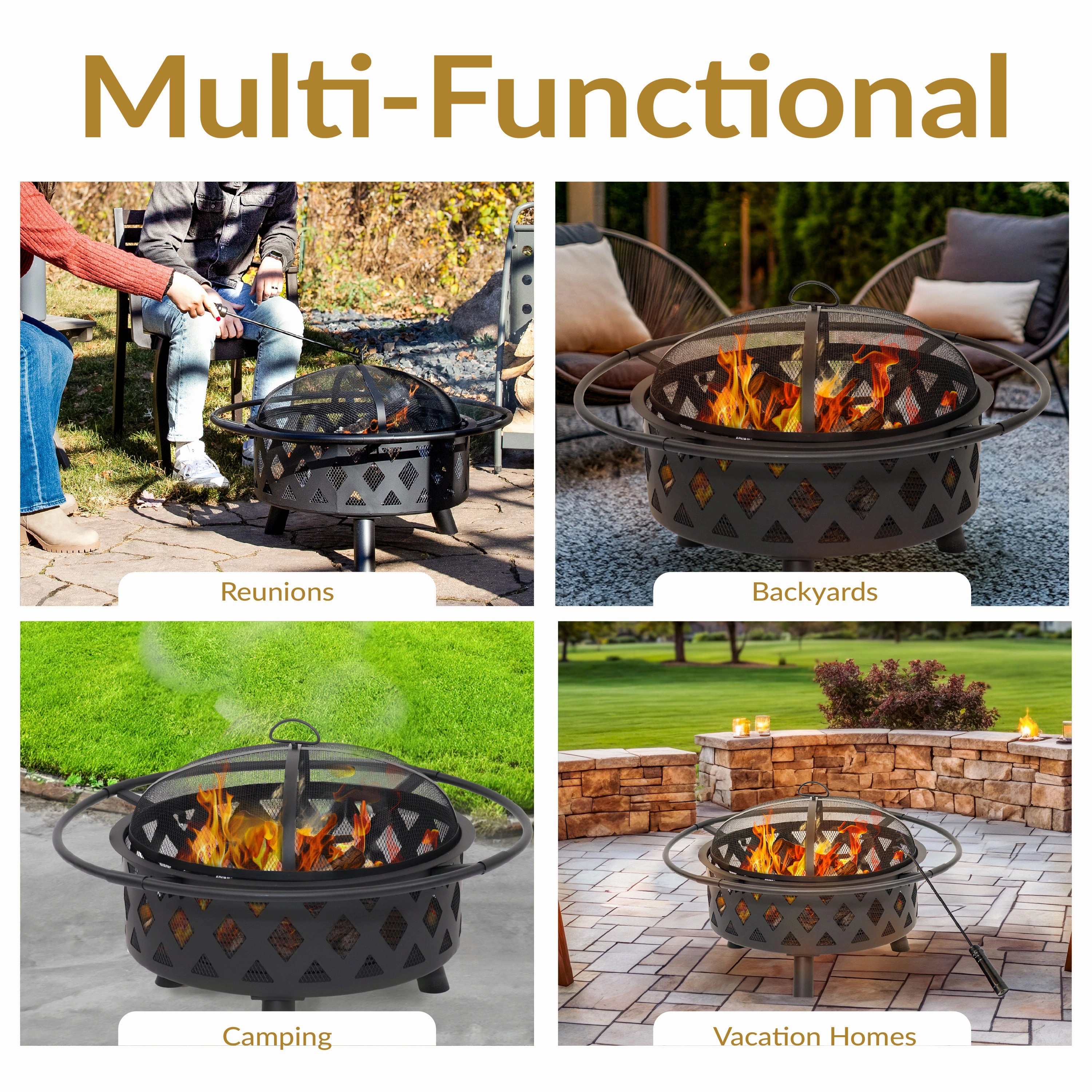 Sunnydaze Black Crossweave Wood Fire Pit with Cover, Spark Screen, Grate, and Poker
